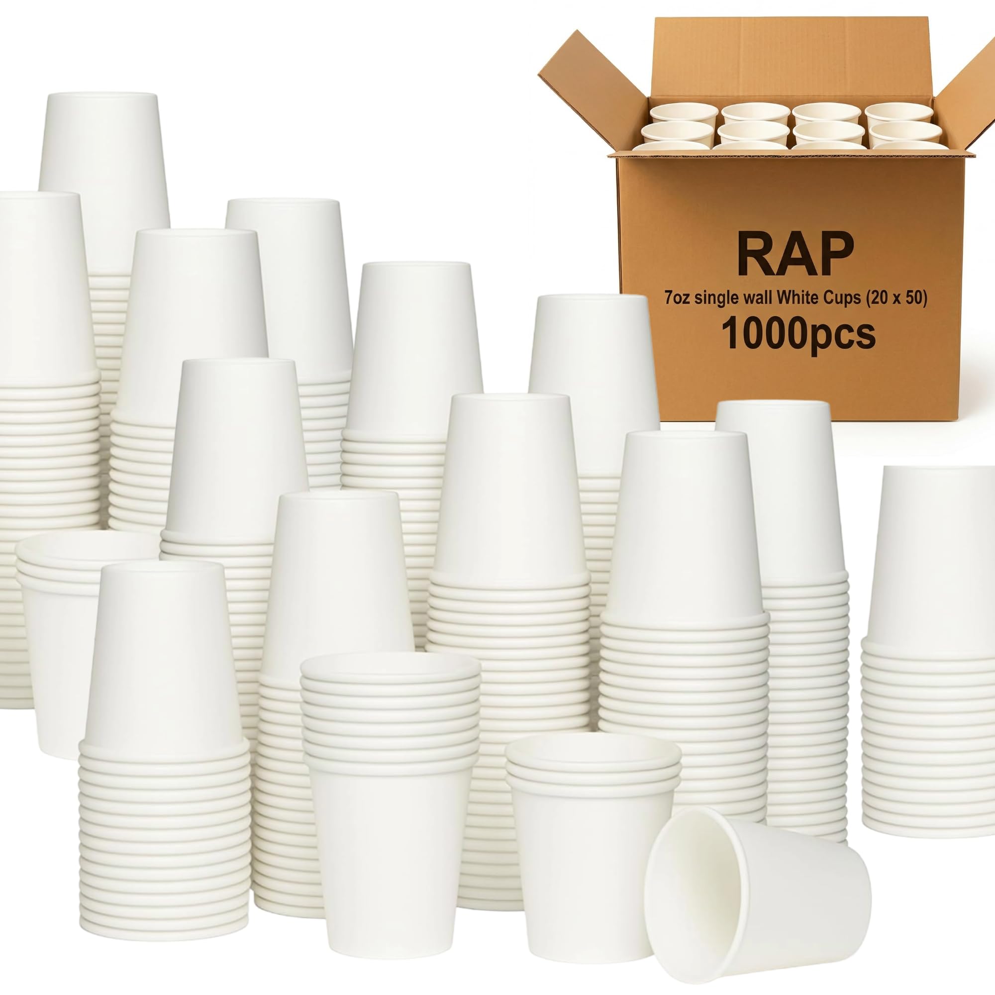RAP Gloves Single Wall White Paper Cups, 7oz Capacity, 1000pcs Bulk Pack | Disposable Hot & Cold Drink Cups for Water, Tea, Coffee & Juice | Food-Grade Paper Cups for Catering & Takeaway