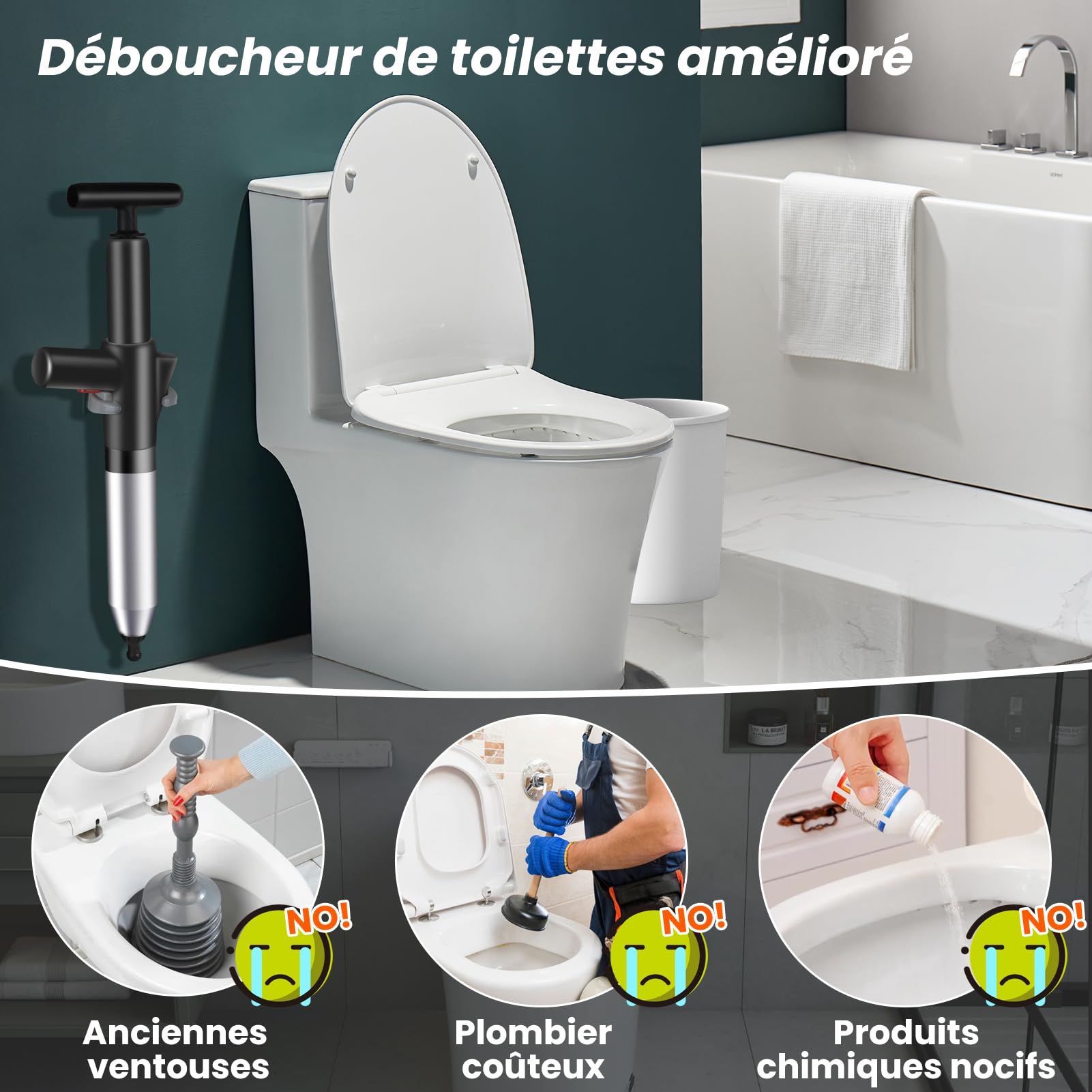 LightingWill Déboucheur WC Haute Pression avec Manomètre – Déboucheur Canalisation Professionnel à Air Comprimé avec 4 Ventouses et Crochet – pour Toilettes, Évier, Lavabo, Douche et Baignoire