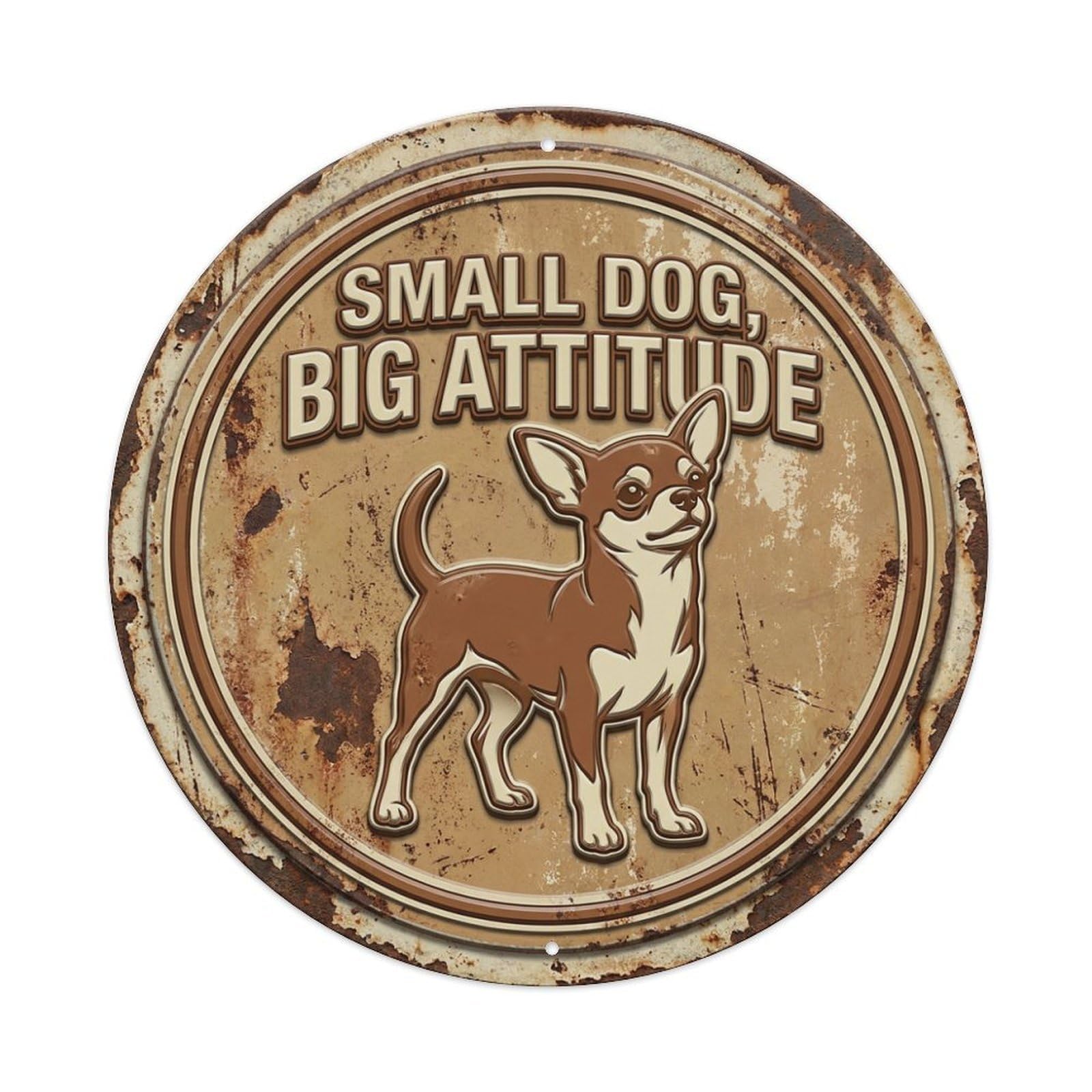 Vintage Chihuahua Big Attitude Bedroom Metal Tin Sign Plaque Wall Decor for Cafe, Club, Garden Round Metal Poster 8x8Inch