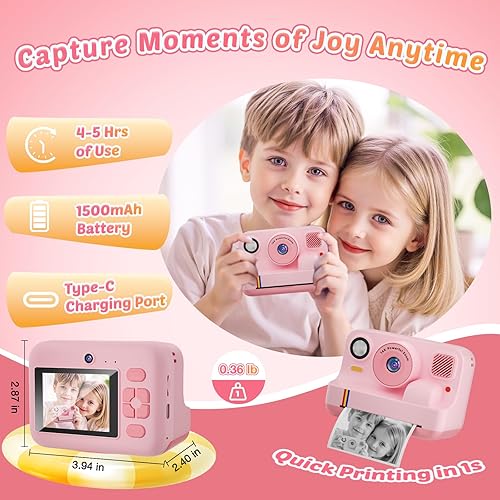 Miniatura 6 de Cámara de impresión instantánea para niños, impresión de aplicaciones, video 1080P, cámara digital selfie de doble lente con 32G SD, regalos de