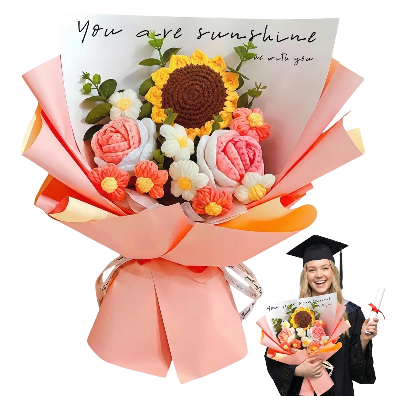 Nocecfi Crochet Flowers Bouquet, Completed Crochet Flowers, Prime Hand Knitted Flower Bouquet, Knitted Rose Sunflowers for Wedding Gifts Mothers Day Anniversary Graduation Weddings (Pink, yellow)
