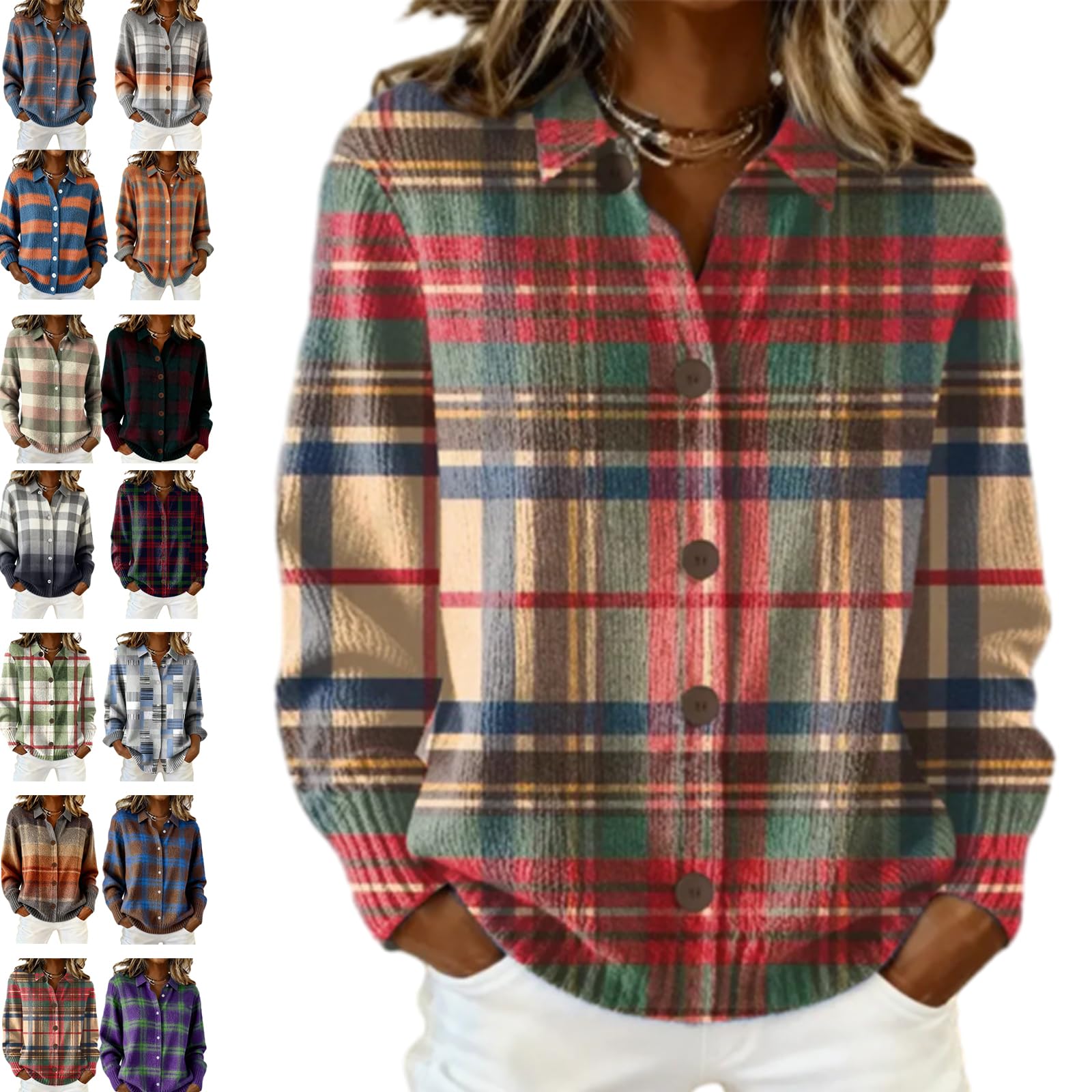 Womens Plaid Print Casual Cotton Buttoned Cardigan Sweater Plaid Knitted Cropped Cardigan Sweater Button up Cardigan