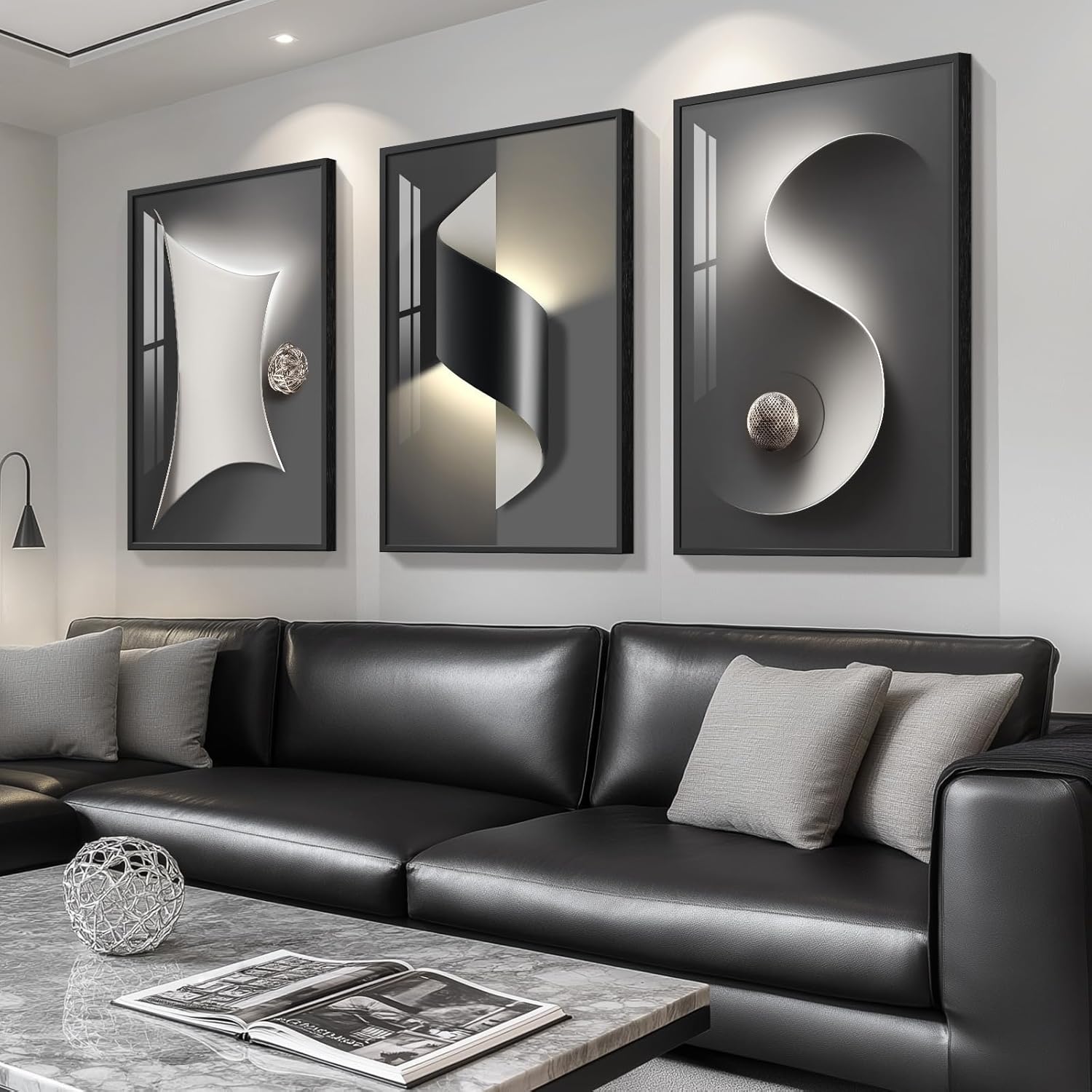 Framed Modern Black and White Abstract Wall Art for Living Room, Large 3 Piece Bright Style Silvery Artwork for Walls, Luxury Painting Prints for Dining Room Hallway Office Wall Decor, 24x36 In