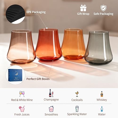 Miniatura 4 de Juego de 4 copas de vino de colores sin tallo, de 15 onzas, color ámbar soplado a mano, sin tallo, para boda, fiesta de cumpleaños, picnic