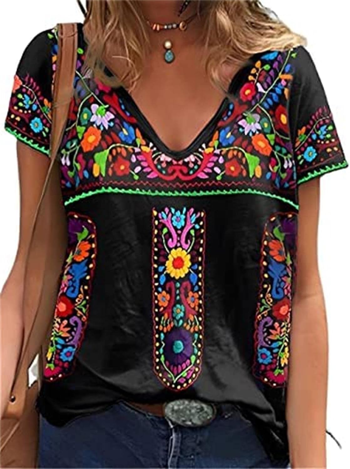 Apvirdy V Neck Mexican Shirts for Women Short Sleeve Floral Embroidered Tops Ethnic Style Loose Peasant Tee Shirt