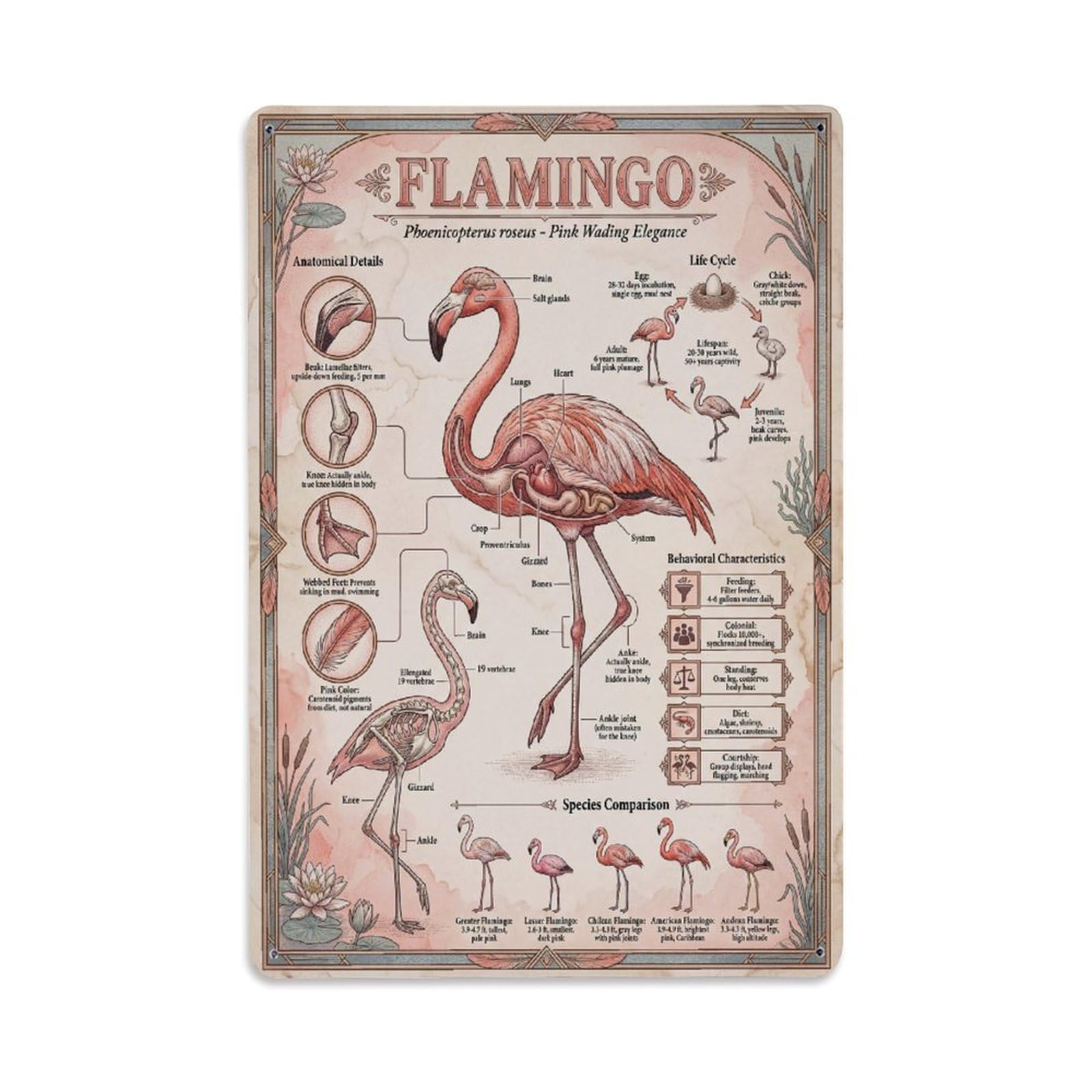 Kids Animal Guide Flamingo Anatomy Zoology Study Educational Metal Tin Sign Plaque Wall Decor for Cafe, Man Cave, Club Bar, Office, Home Garden Round Metal Poster 8x12Inch