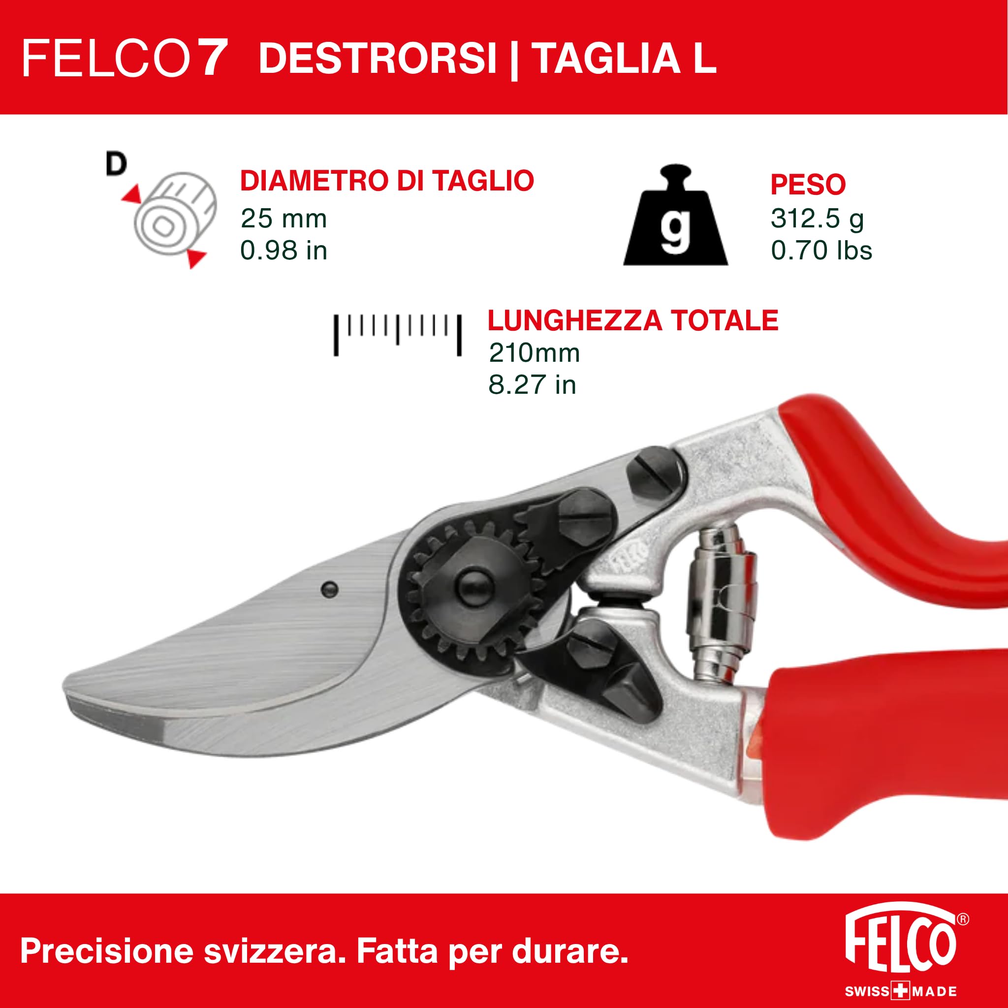FELCO 7 forbice bypass per destrimani con manico rotante, lama in acciaio temprato 45 mm, manici in alluminio forgiato, ergonomia per mano grande, taglio potente 25 mm