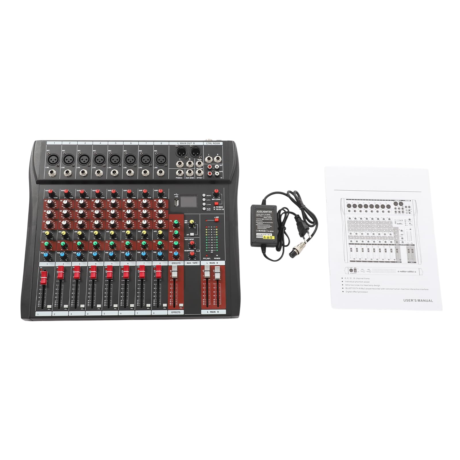 Mixer Audio Mixer 8 Canali Professionale con Bluetooth USB, Mixer 8 Ingressi Microfono Alimentazione Phantom 48V, Equalizzatore 3 Bande Fader Preciso per Karaoke Studio Scena