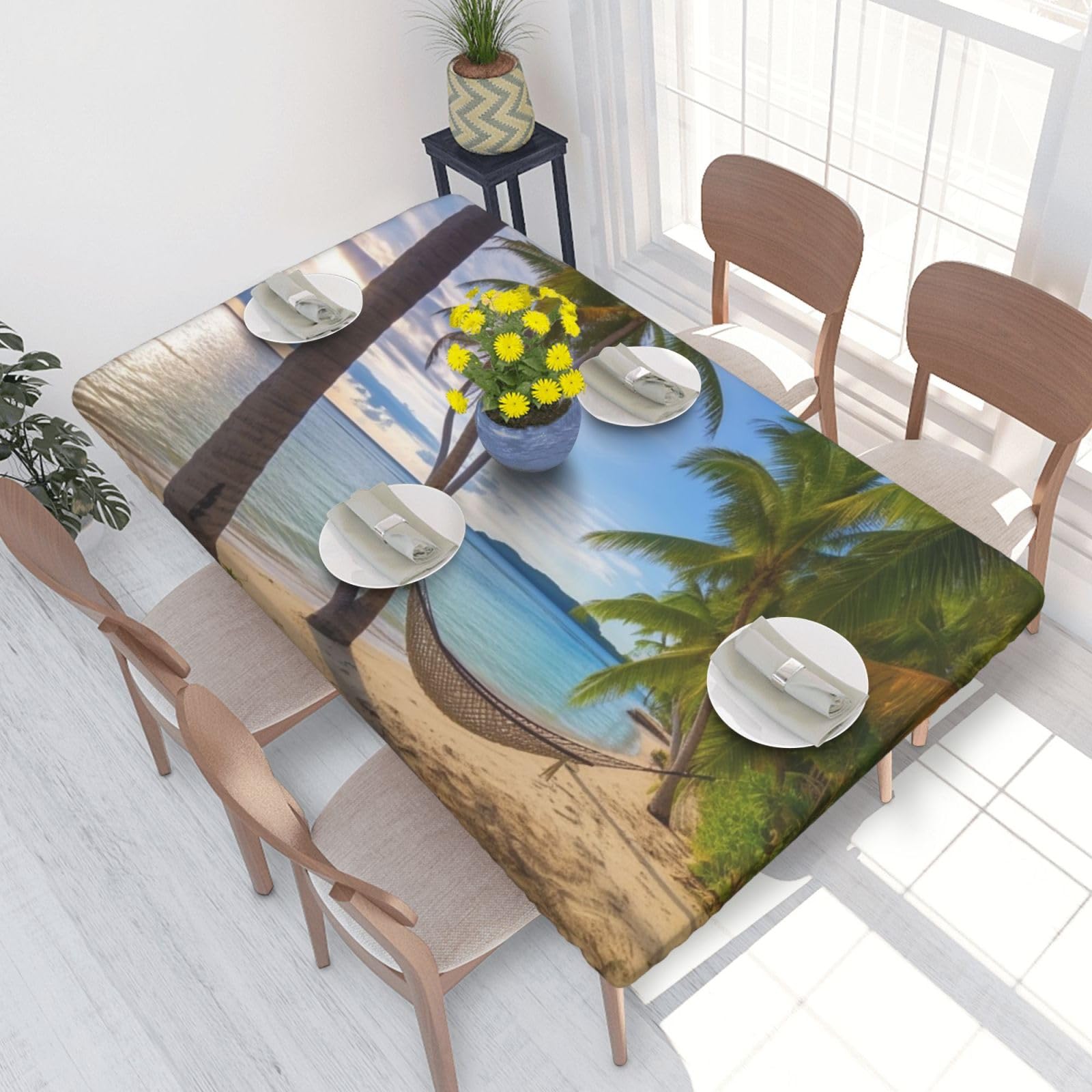 Paradise Beach Palm Trees Waterproof Square Table Cover Elastic Fitted Tablecloth Oil Proof Table Protector For 4ft Table
