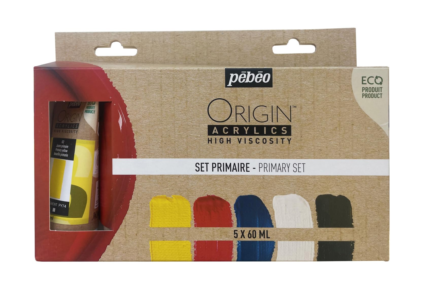 PEBEO Pébéo-Origin Acrylics-Primary Set 5x60 ml, Yellow, Red, Cyan, White, Black