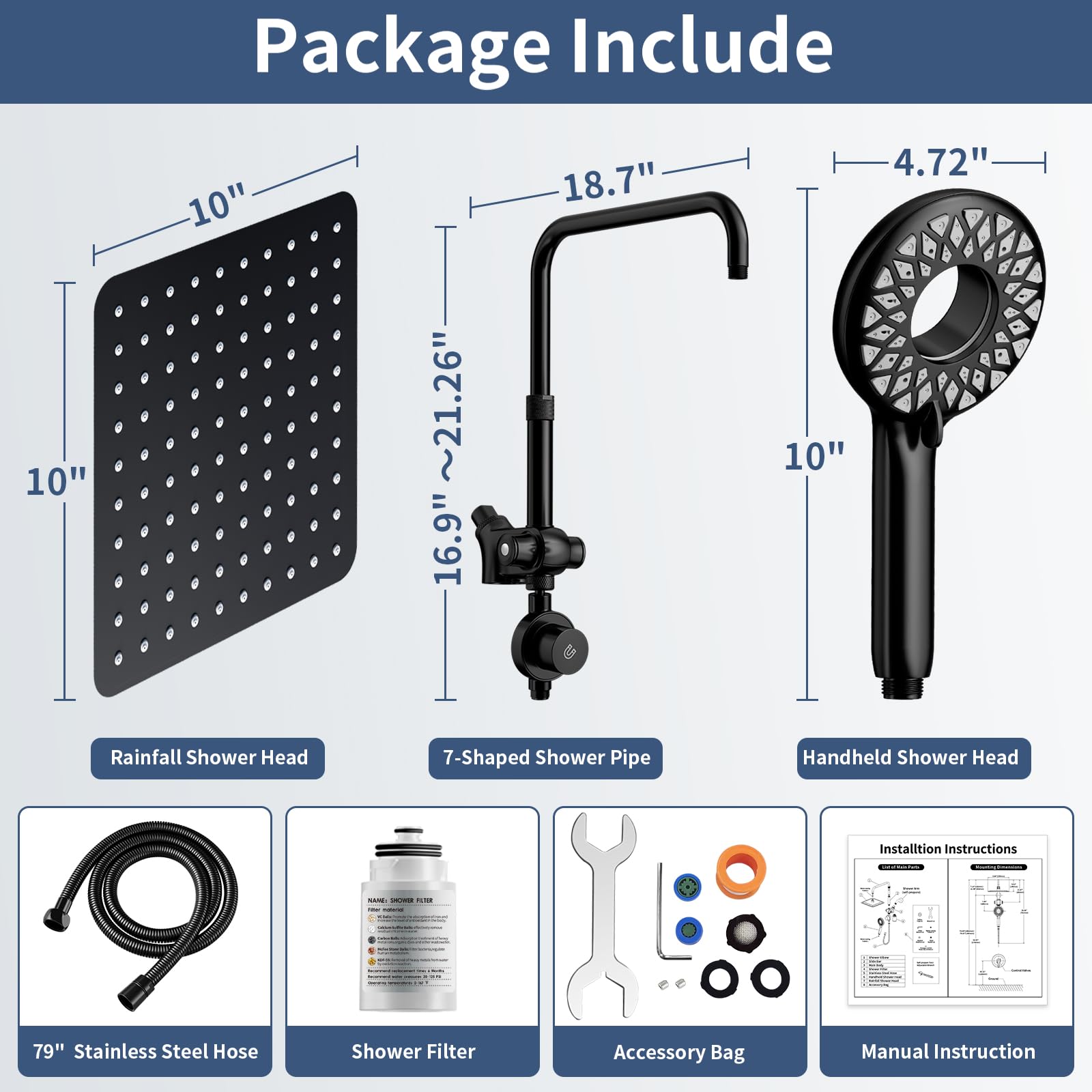 KAIYING Duale Duschköpfe mit Handbrause Combo, magnetisch gefilterter Duschkopf, Badezimmer-Hochdruck-Regenduschkopf und Griff-Set mit Filter für hartes Wasser, 200,7 cm langer Schlauch (mattschwarz)