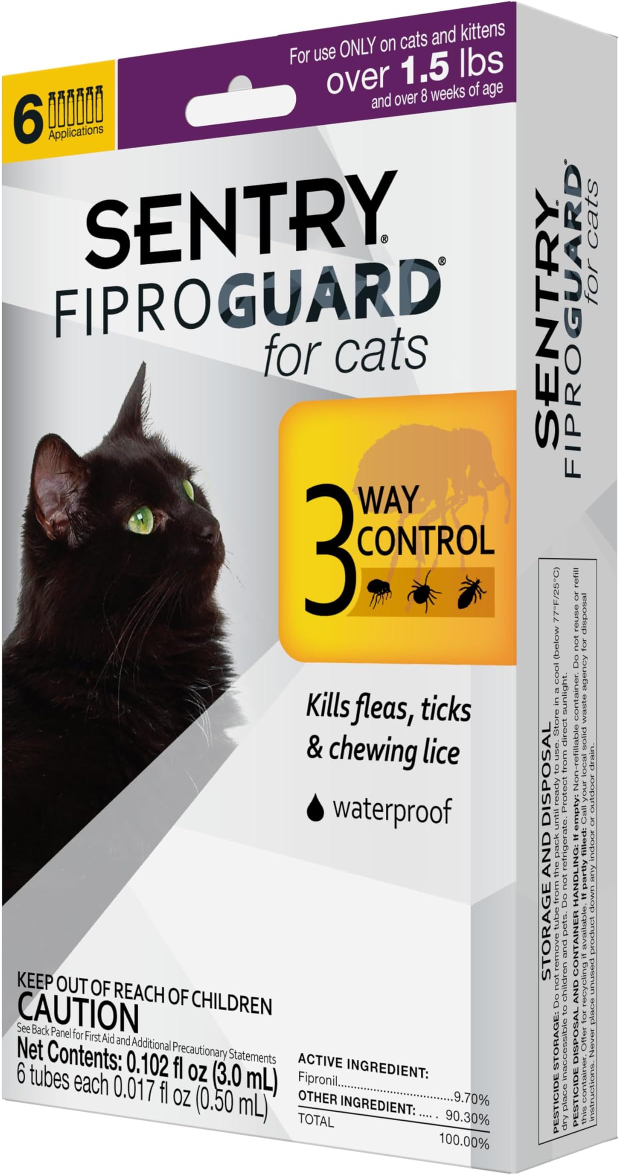Sentry Fiproguard for Cats, Flea and Tick Prevention for Cats, 1.5 lbs and Over, 6 Month Supply
