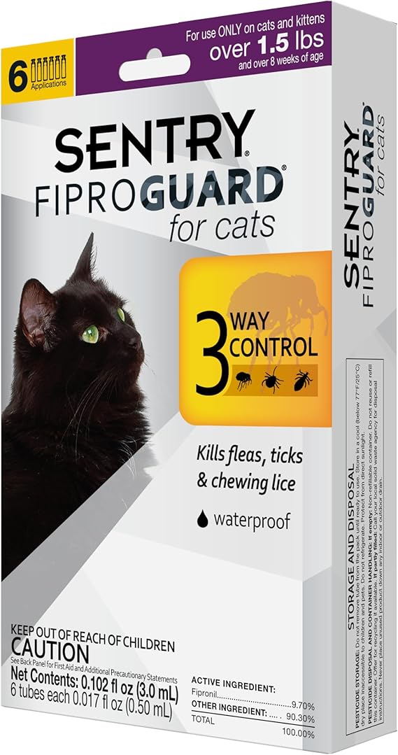 Sentry Fiproguard for Cats, Flea and Tick Prevention for Cats, 1.5 lbs and Over, 6 Month Supply