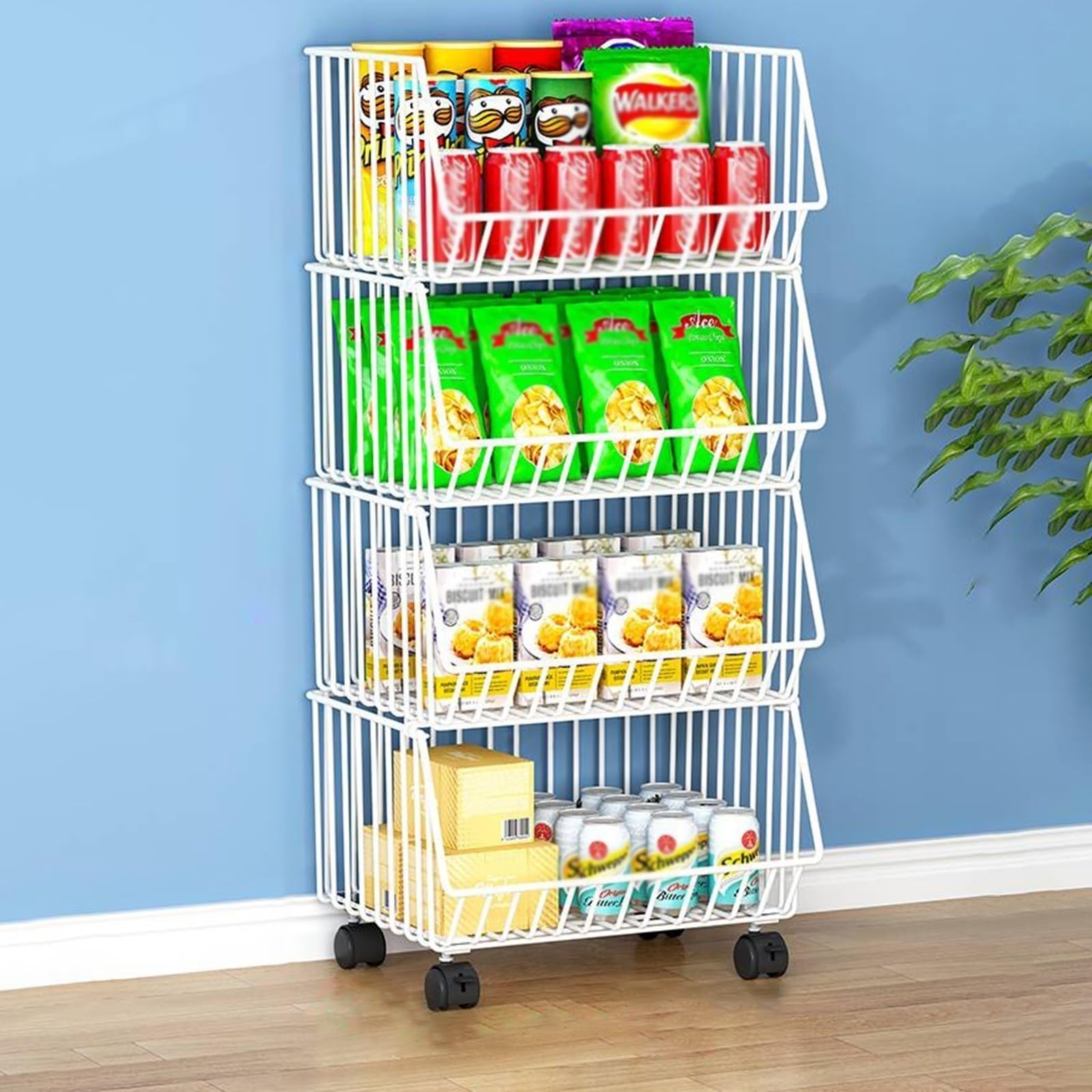 ISCBAFYX Portaverdure a 4 Livelli e espositore per Snack - Cestino salvaspazio per Cucina, Ufficio, dispensa, Vendita al Dettaglio, dormitorio Soluzione di archiviazione Versatile