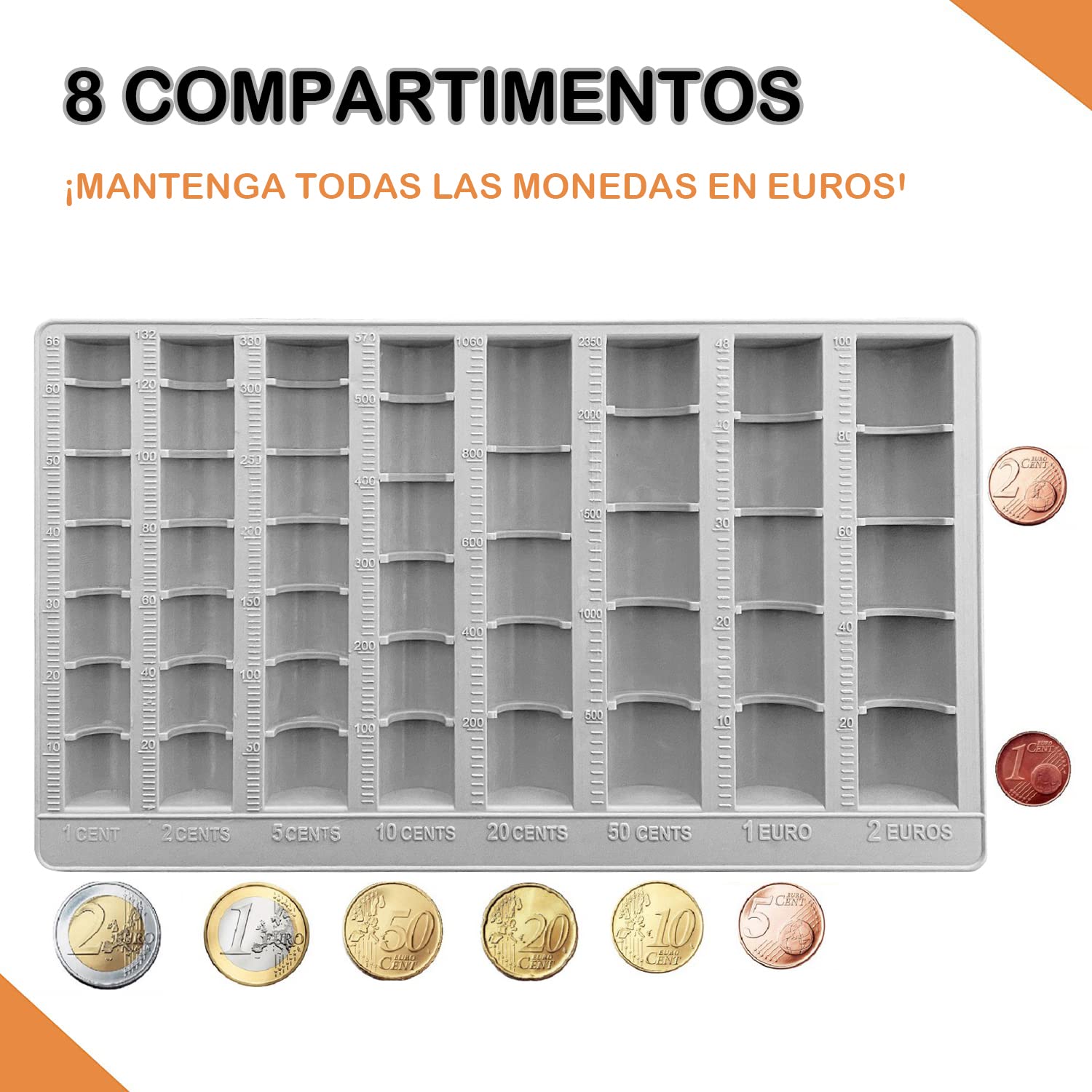 Ichigo Ichie Bandeja para Contar Monedas, con 8 Compartimentos de Almacenamiento Incluidos Euros y Céntimos, Organizador de Monedas, 25,8 x 15 x 4 cm, Gris