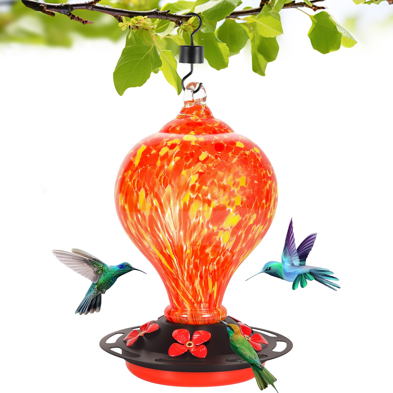 Hummingbird Feeders, 32OZ Hand Blown Glass Bird Feeder for Outdoor Hanging, 5 Feeding Ports, Ant Moat Included, Bird Nectar Feeder for Garden Backyard Dcor, Red