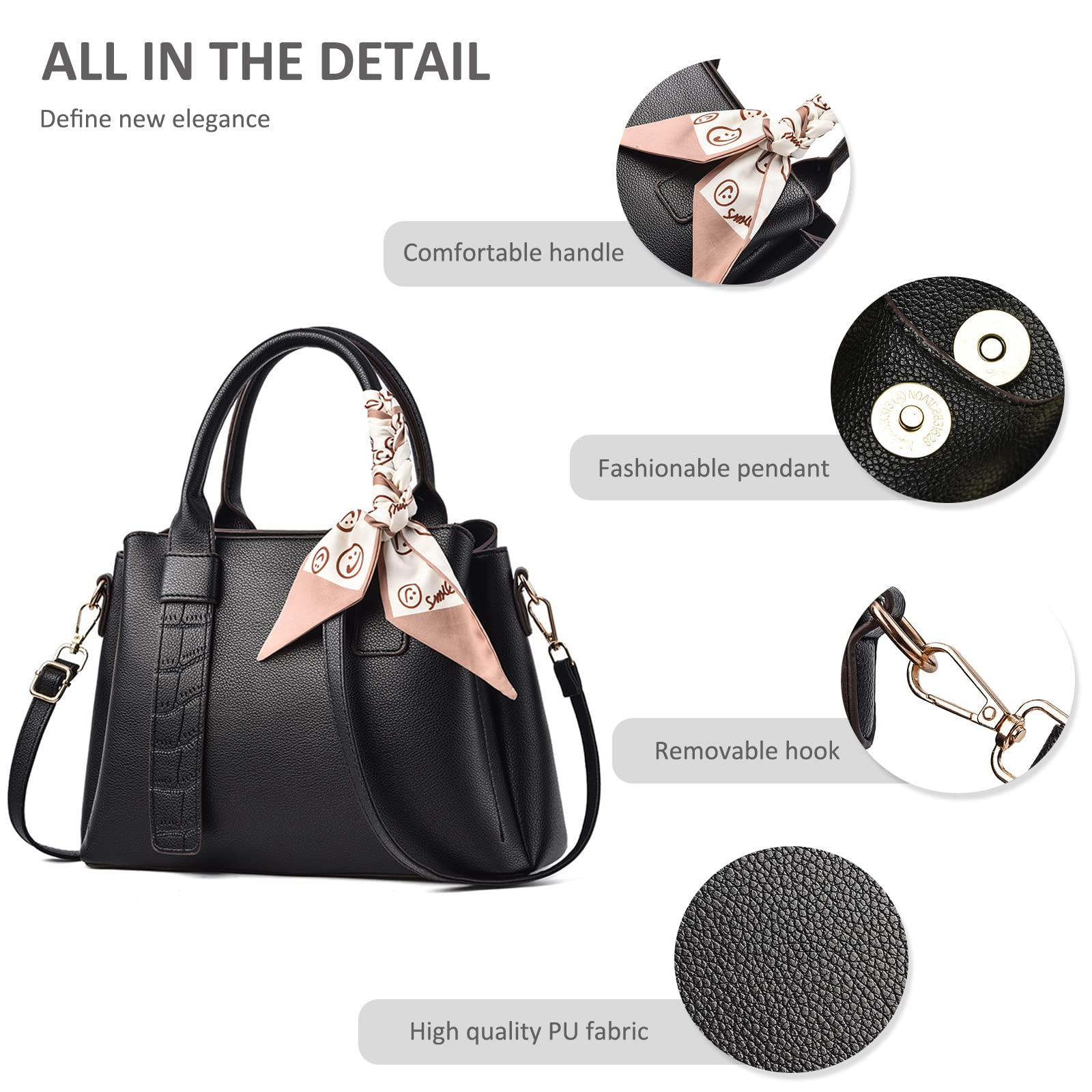 NICOLE & DORIS Bolso de Mujer de Mano Bolso Bandolera Elegante Bolso Hombro PU Cuero Bolsos de Diseñador Bolso Totes Bolsa de Mensajero Negro