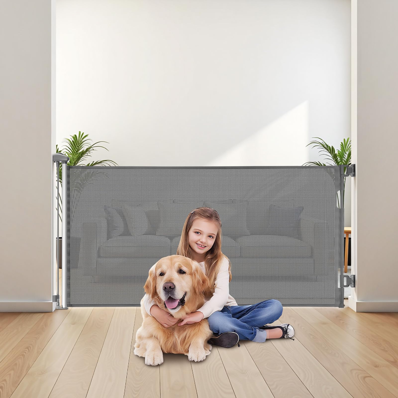 VEVOR Cancelletto Retrattile, Estensibile Fino a 1430 mm di Larghezza, 795 mm di Altezza, con Blocco di Sicurezza, Attraversabile Senza Inciampare, Cancelletto in Rete per Cani Scale, Grigio