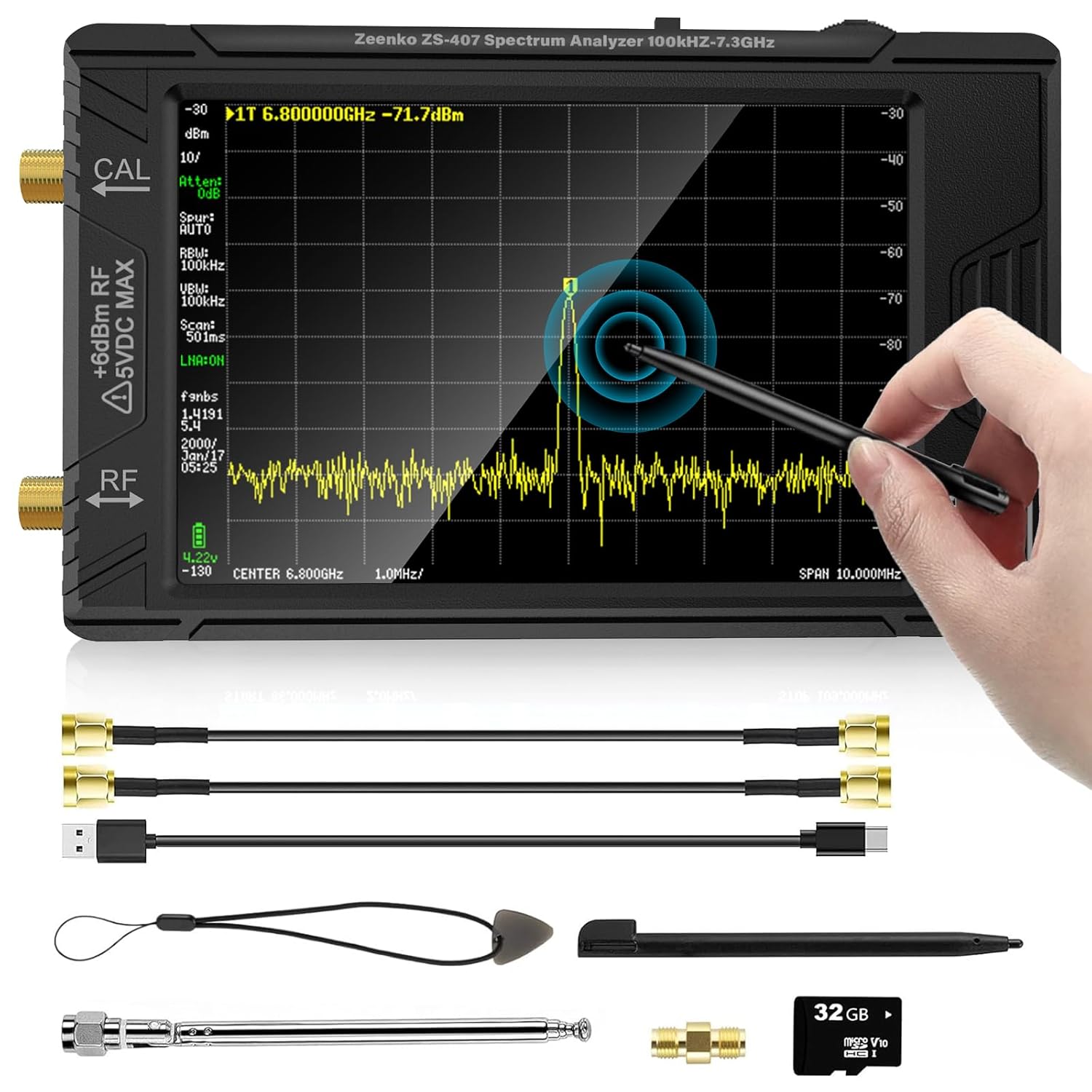 Product image of 2025 Upgraded TinySA Ultra+ZS407 Spectrum Analyzer, 4.0 Inch 100kHz to 7.3GHz Handheld Frequency Analyzer with 32Gb Card, 2-in-1 Signal Generator 100kHz to 900MHz MF/HF/VHF UHF Input