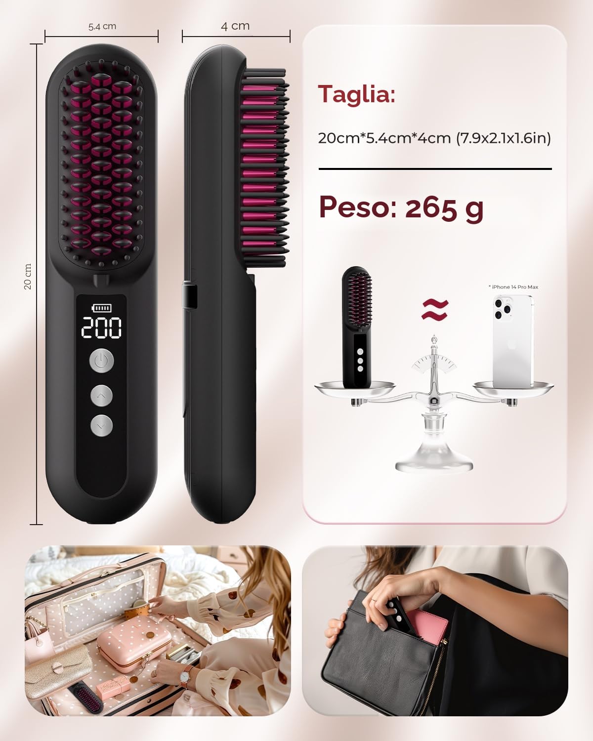 CARER SPARK Spazzola Lisciante Senza Fili 10000mAh, Tempo di Utilizzo di 80min Riscaldamento Rapido in 30s Milioni di Ioni Negativi 9 Livelli di Temperatura Design Anti-scottature e Styling Veloce