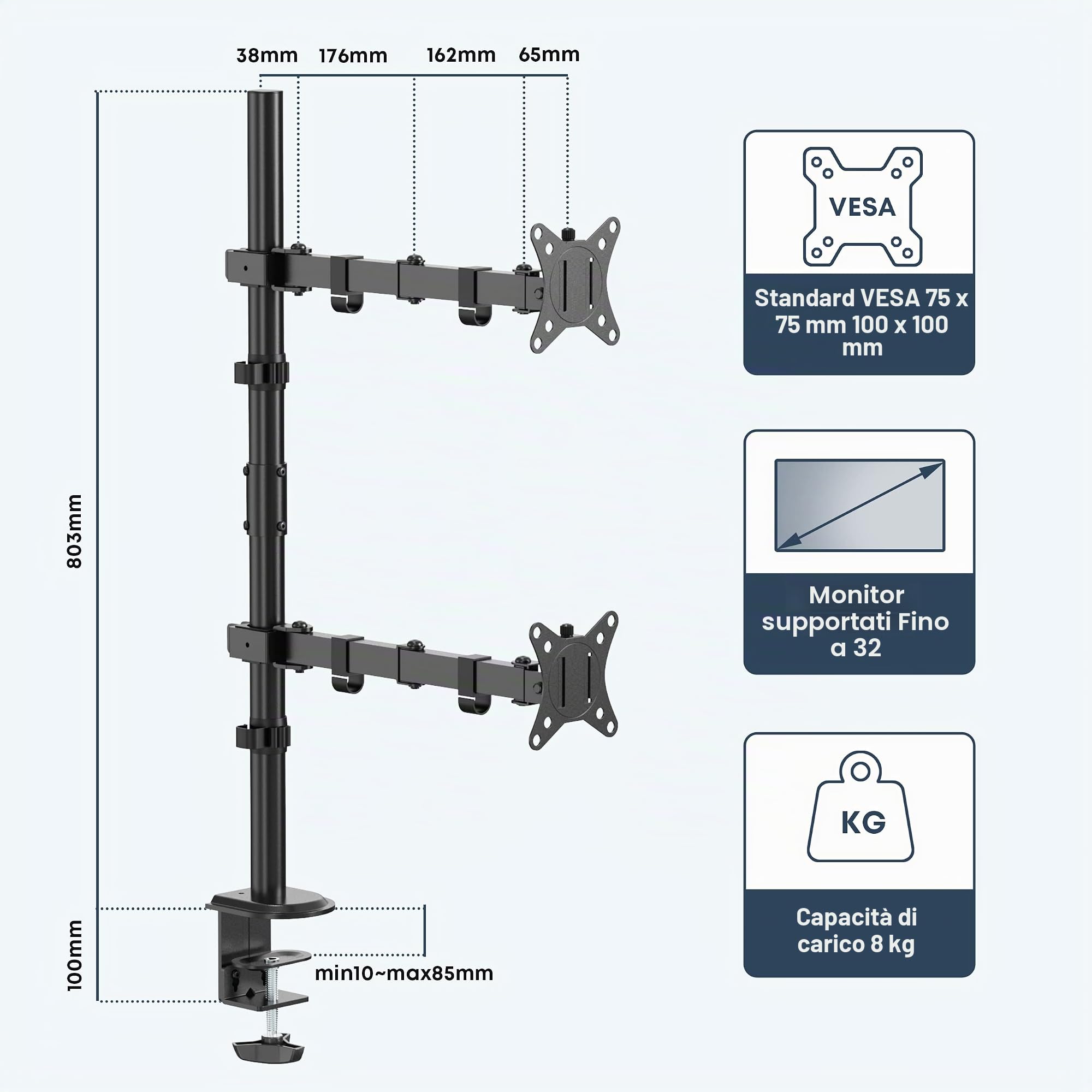 WORLDLIFT Supporto per Doppio Monitor Verticale per Schermo LED LCD da 17-32 Pollici Supporto VESA 75/100 mm Lunghezza dell'asta 80 cm Regolabile in altezza Capacità di peso 8KG