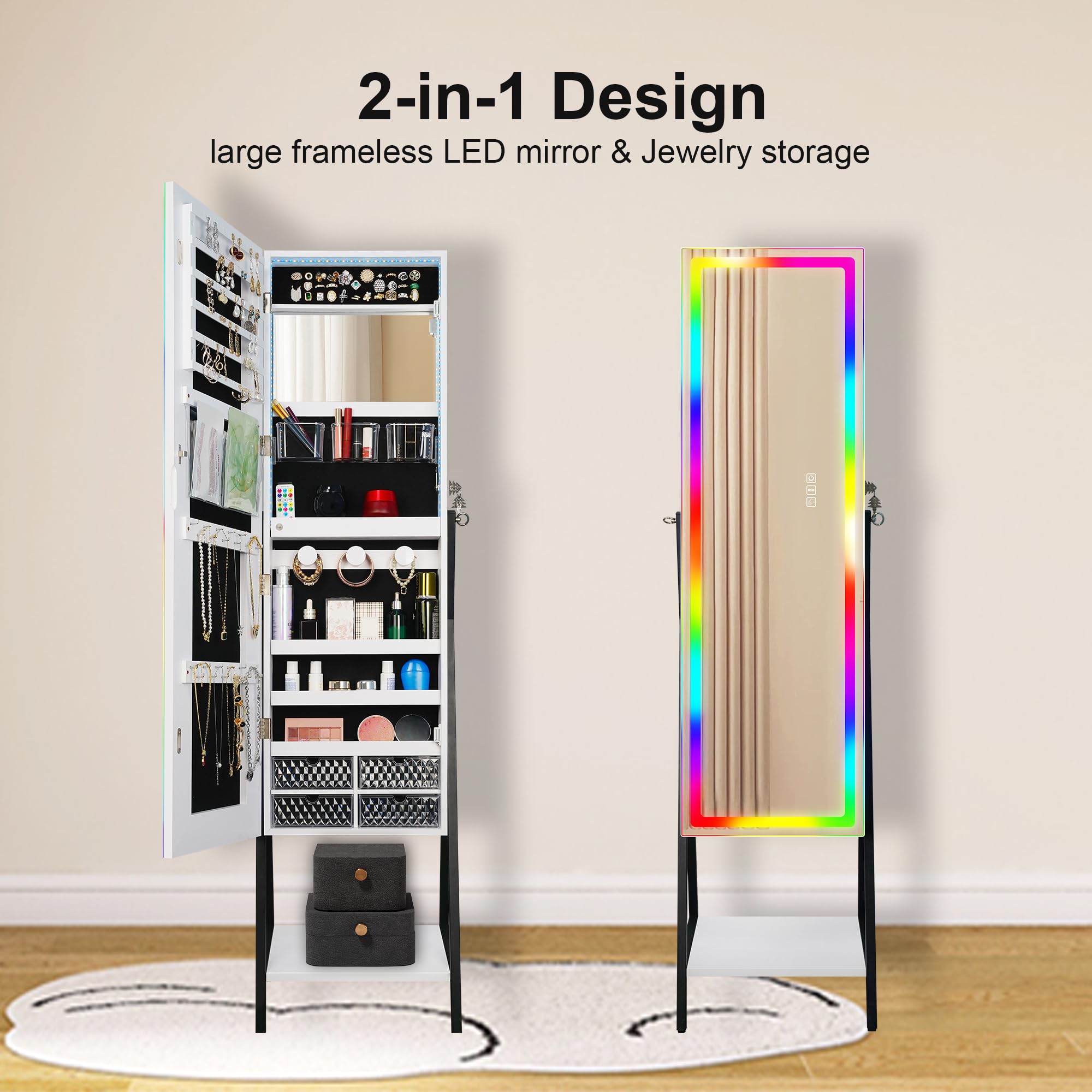 STARLEAD Armoire à Bijoux avec Miroir LED, Debout, Pleine Longueur avec Changement Couleur Lumière RGB, Dimmable, Verrouillable, Doublure Velours, Grand Espace Rangement