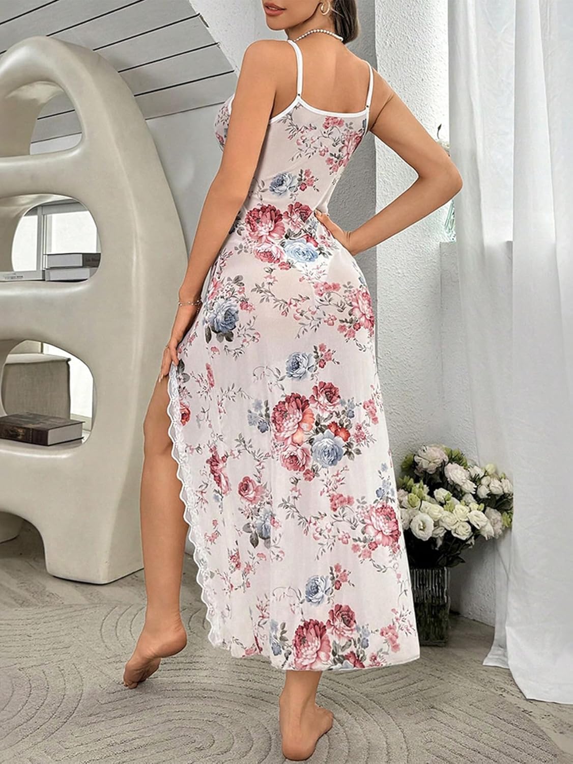 Sexy Side Split Long Floral Lace Sheer Dress Lingerie Nightgowns One Piece - Image 2