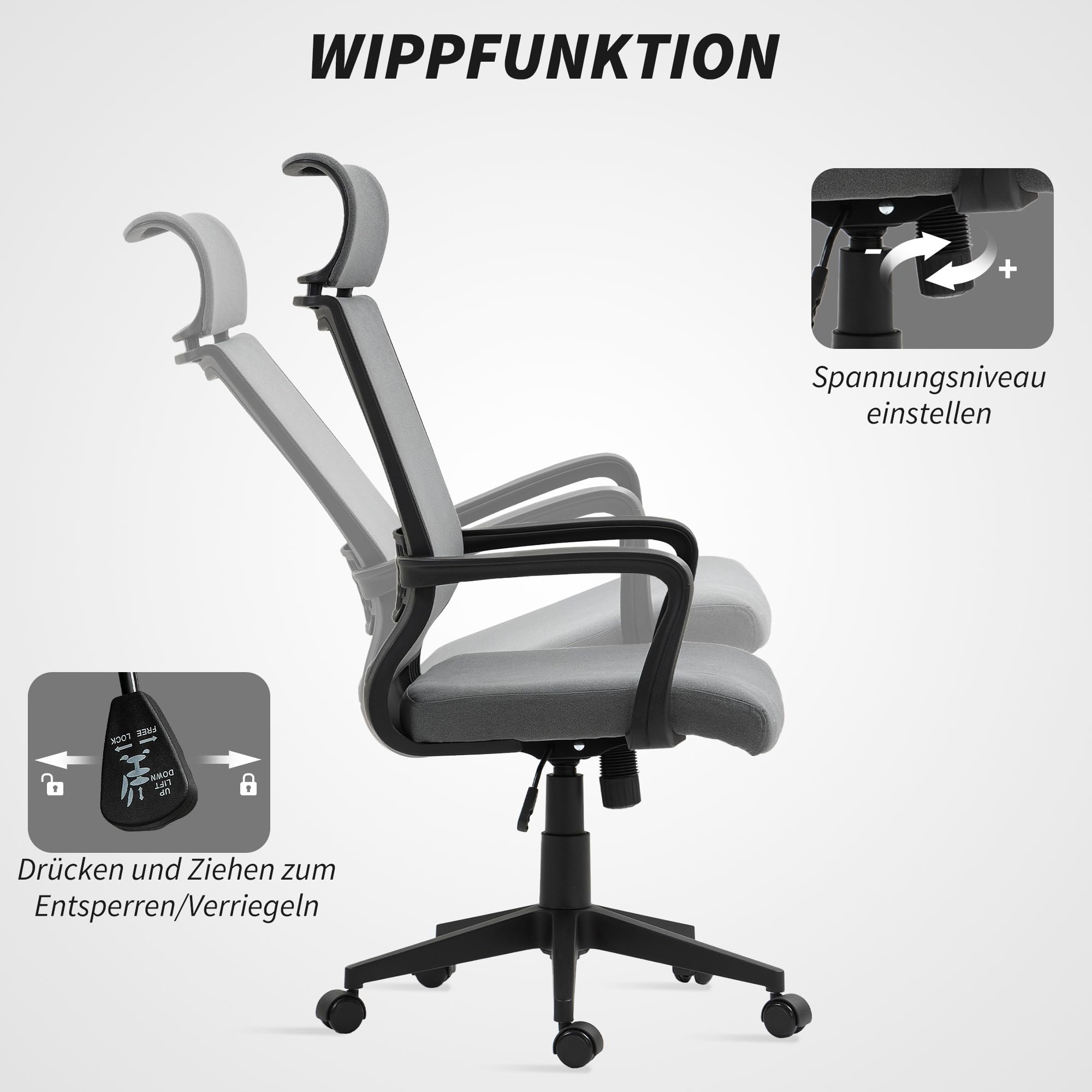 HOMCOM Bürostuhl Ergonomisch mit Armlehne, mit Kopfstütze, Dunkelgrau