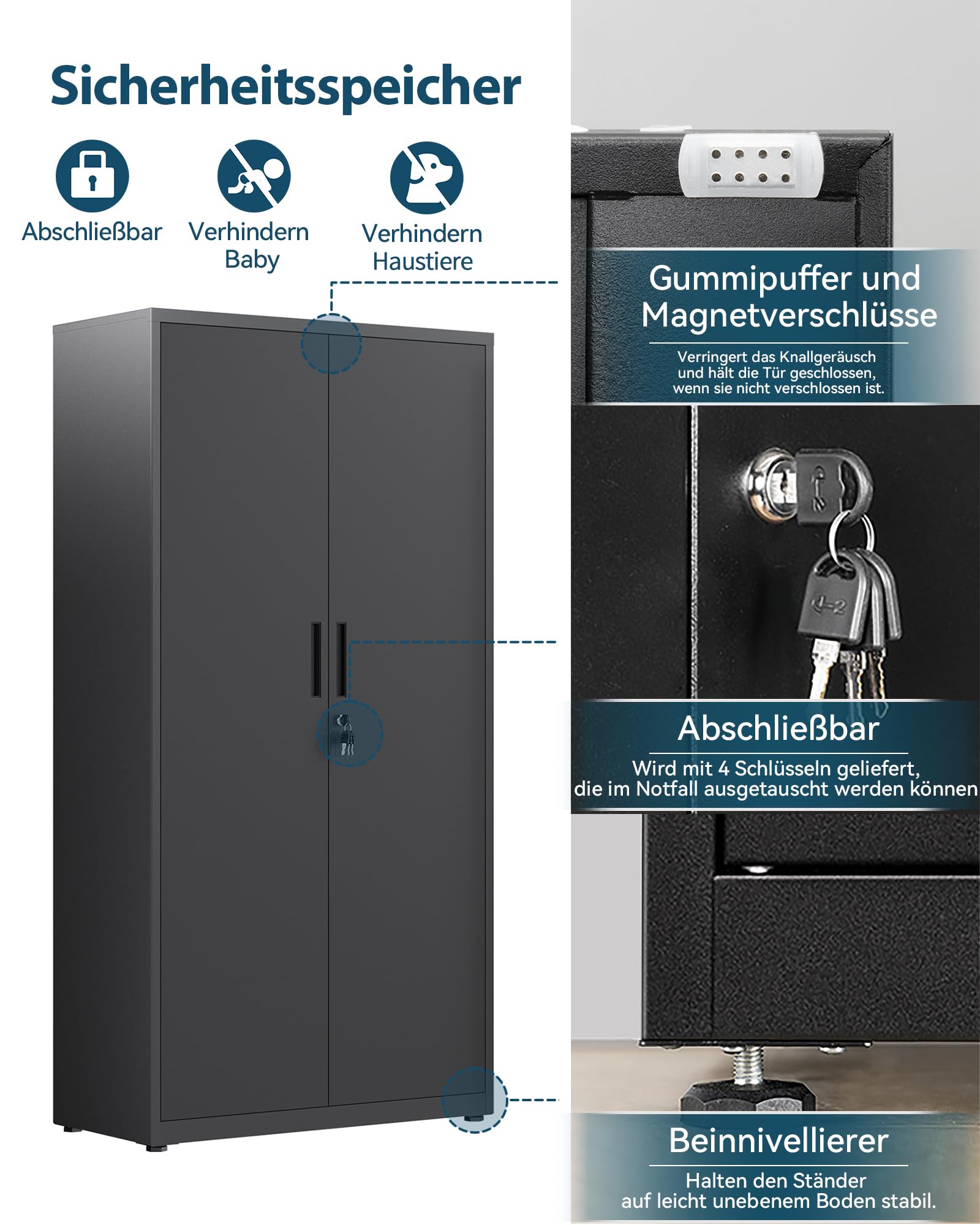 Aktenschrank, Mehrzweckschrank, Stahl-Aufbewahrungsschrank, 5 Ebenen Büroschrank, Werkstattschrank, 180 x 80 x 40 cm, Schwarz