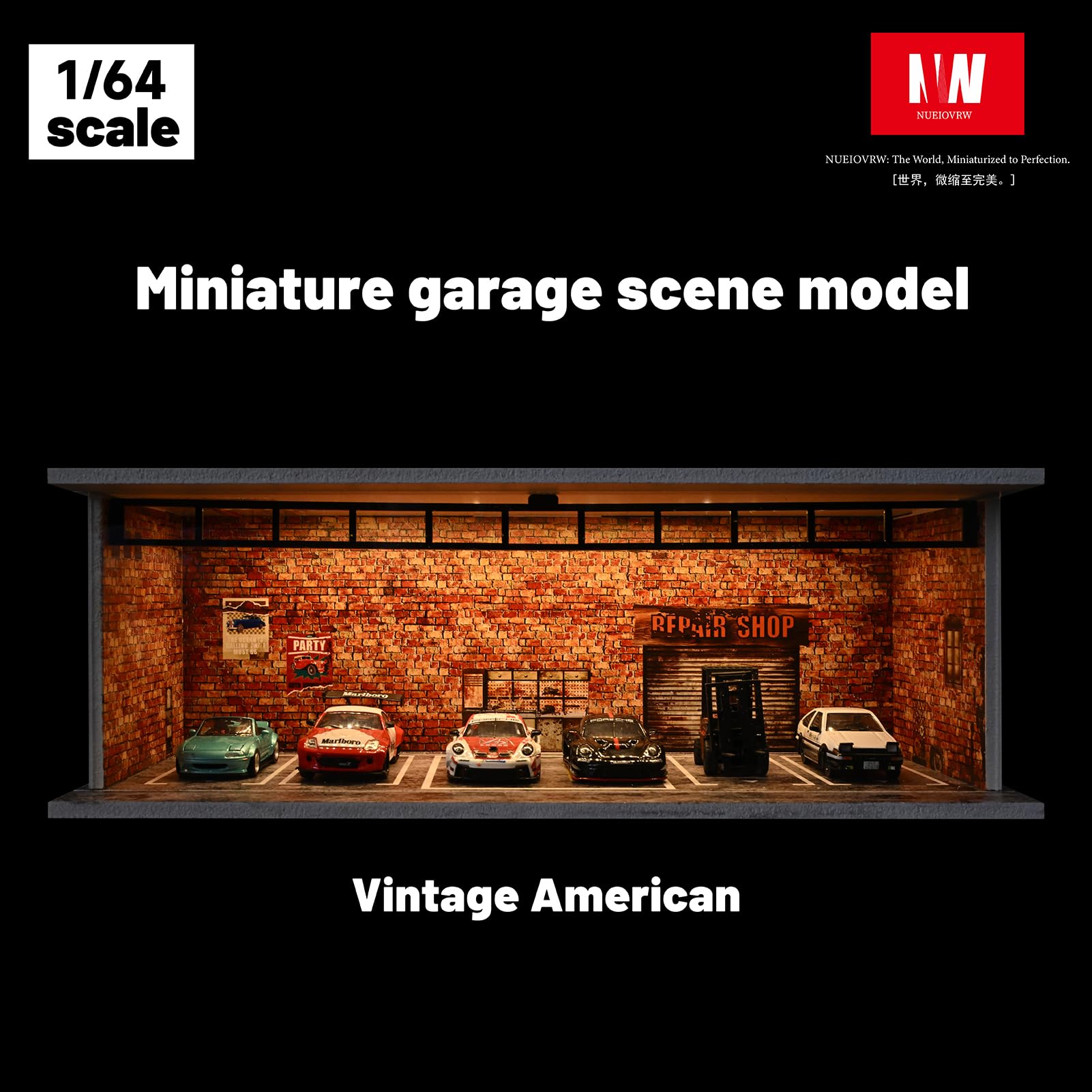 Diorama 1/64 modello auto garage, illuminazione a LED, vetrina per parcheggio, in mattoni rossi, modellini di auto pressofuso, kit modello diorama (garage vintage)
