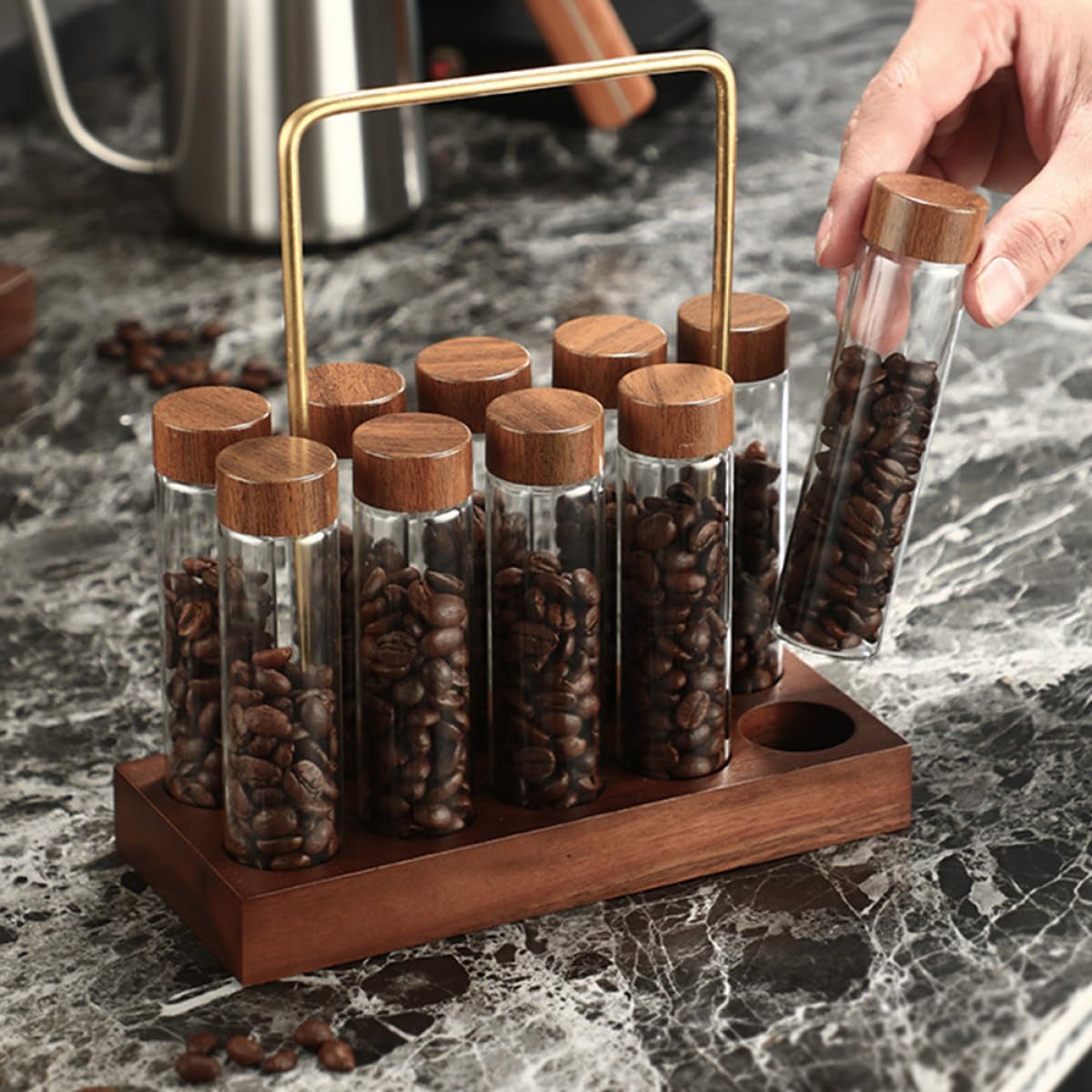 Glas Kaffeebohnenröhrchen mit Luftdichtem Deckel und Hölzernem Ständer Wiederverwendbare Kaffeeaufbewahrung für Haushalt und Gastronomie