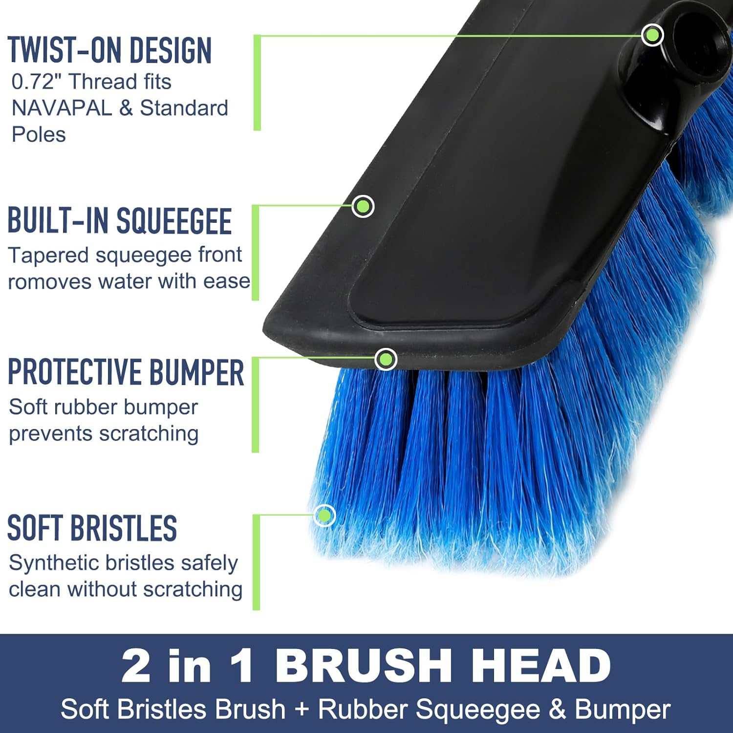 52" Car Wash Brush with Long Handle | Built-in Rubber Squeegee & Rubber Bumper | Lightweight extendable Handle | Soft Bristle Brush for Car, RV, Boat, Solar Panel, Deck Washing - Image 3