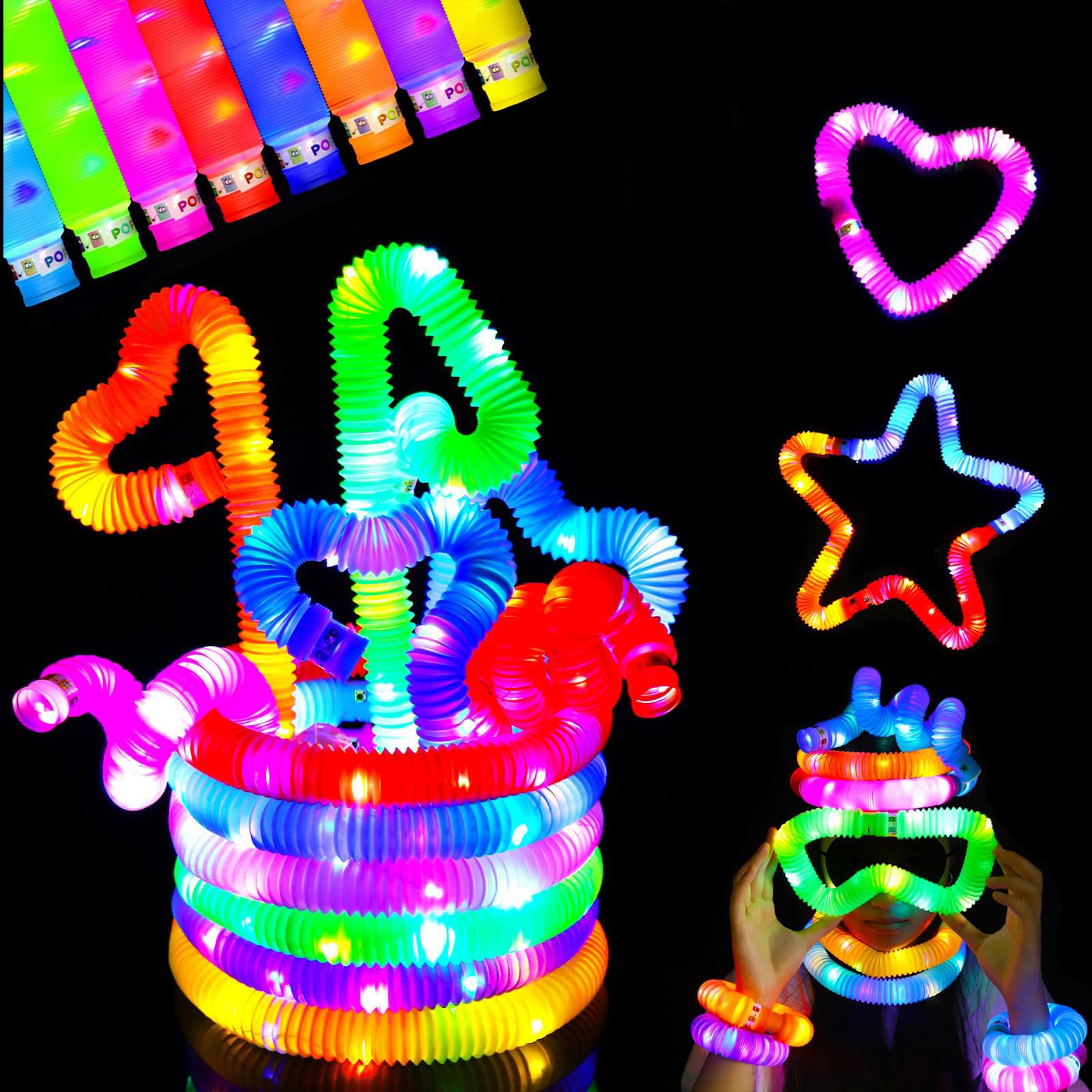 HBSTUDIO12 Pcs Glow Sticks Party Favors for Kids, Light Up Pop Tubes Sensory Toys for Kids Glow in The Dark Party Supplies to Relieve Emotional Stress Goodie Bag Stuffers Birthday Gift