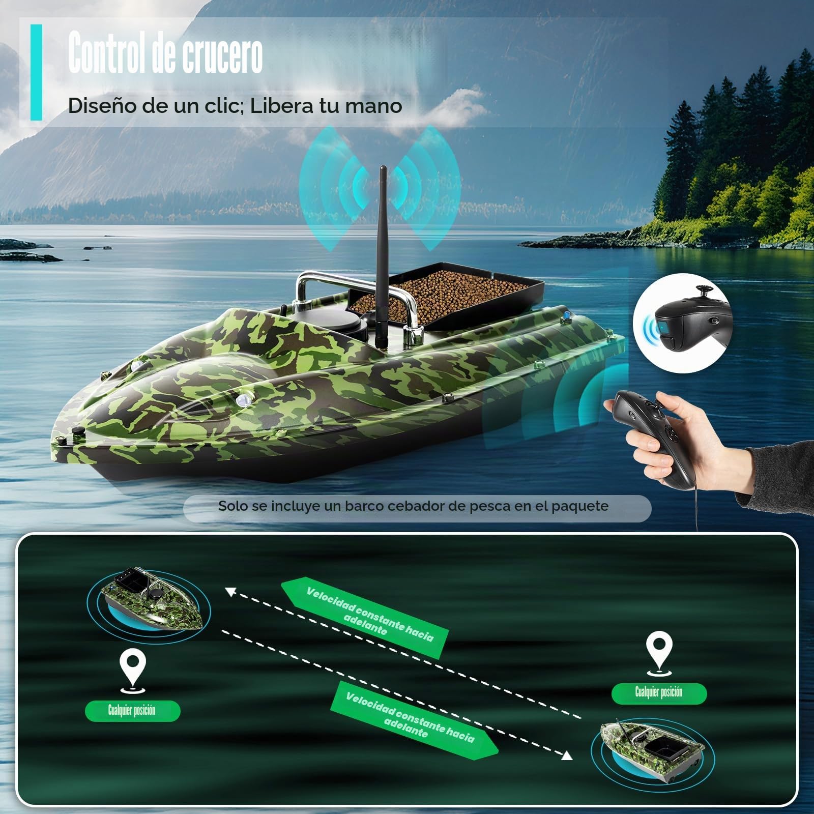 Barco Cebador Pesca 13000Rpm Barco de Cebo de Pesca 1.5kg 2 AAA Pilas Barco de Cebo de Camuflaje 500m Mando a Distancia con Deflectores Anti-Enredo Control de Crucero