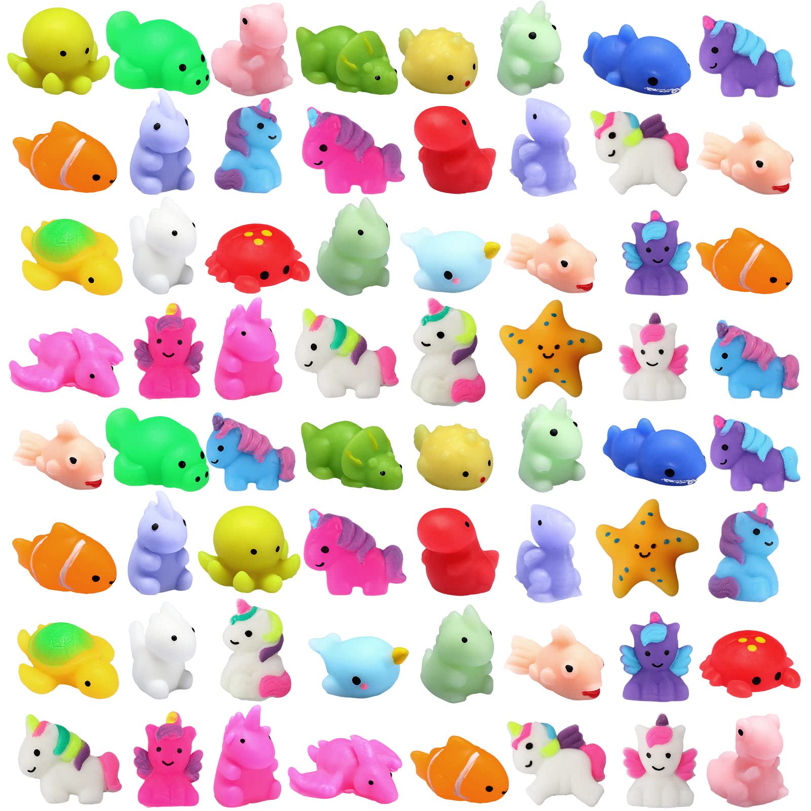 60 Pcs Squishy Mochi Toys Bulk Unicorn Sea Animals Dinosaur Cute Kawaii Squishies Fidget Toys Stress Relief Toys for Adults Teens Mini Birthday Party Favors, Random Styles