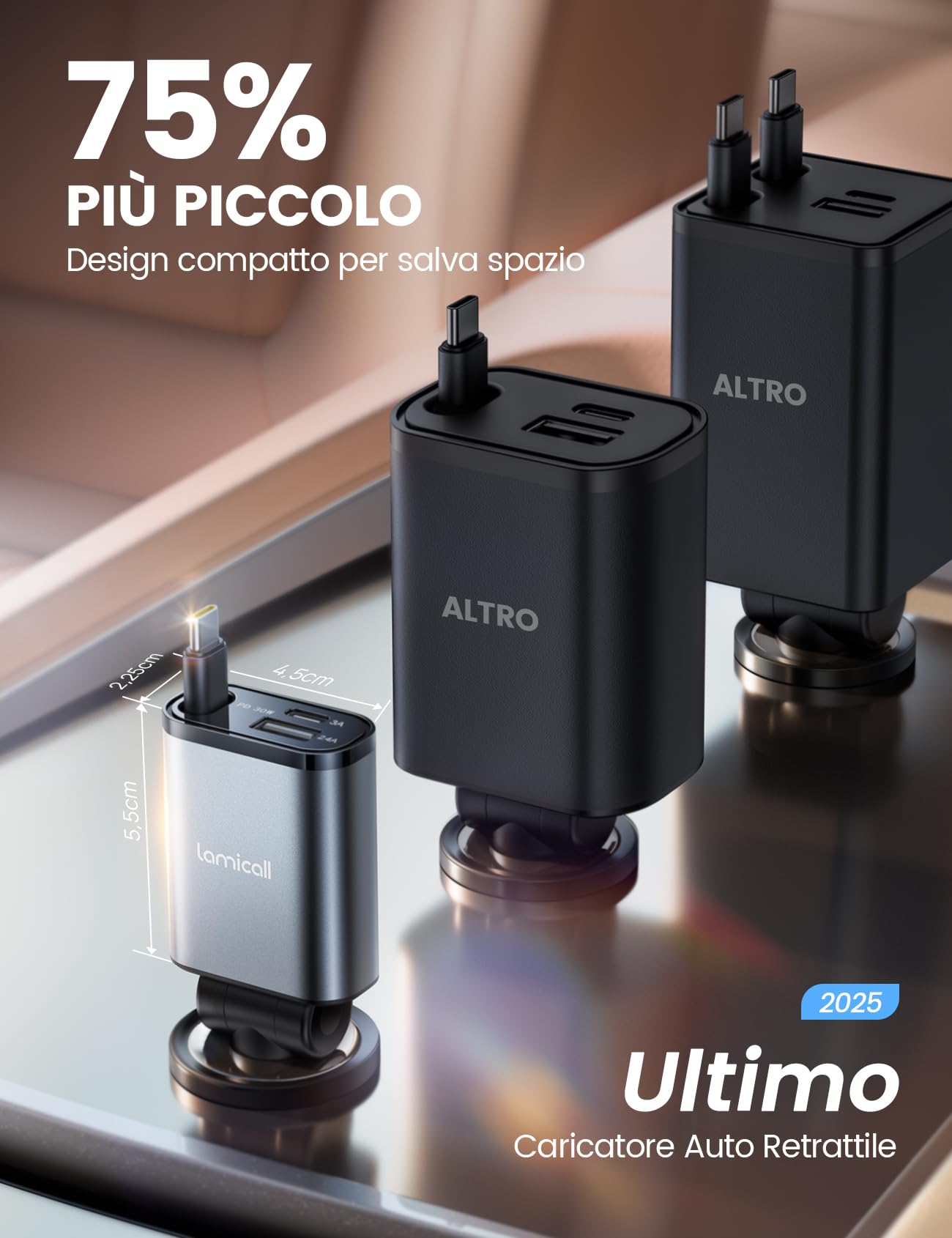 Lamicall 3-IN-1 Caricatore Auto USB C - [Super Compatto] 50W Carica Rapida, Accendisigari Auto con 75CM Cavo Retrattile Type-C & Porta USB-C/A, 180° Pieghevole Spina 12/24V, per iPhone/Samsung/Android