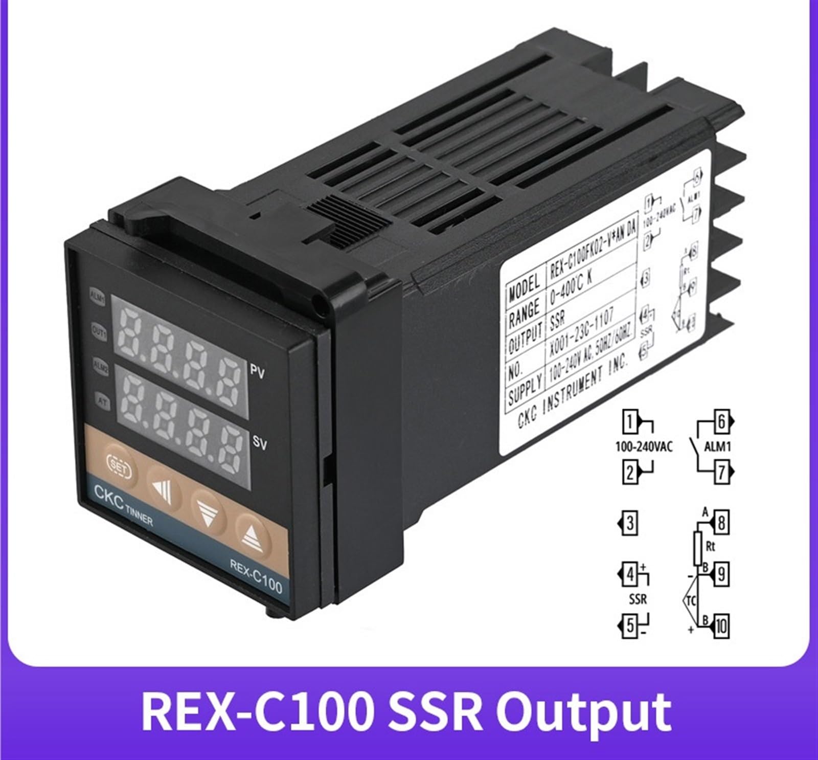 REX-C100 PID K Regolatore di temperatura Display digitale Termostato 110 V-240 V + Relè SSR 40A + Sonda termocoppia 1M K + Dissipatore di calore(C100 SSR Output)