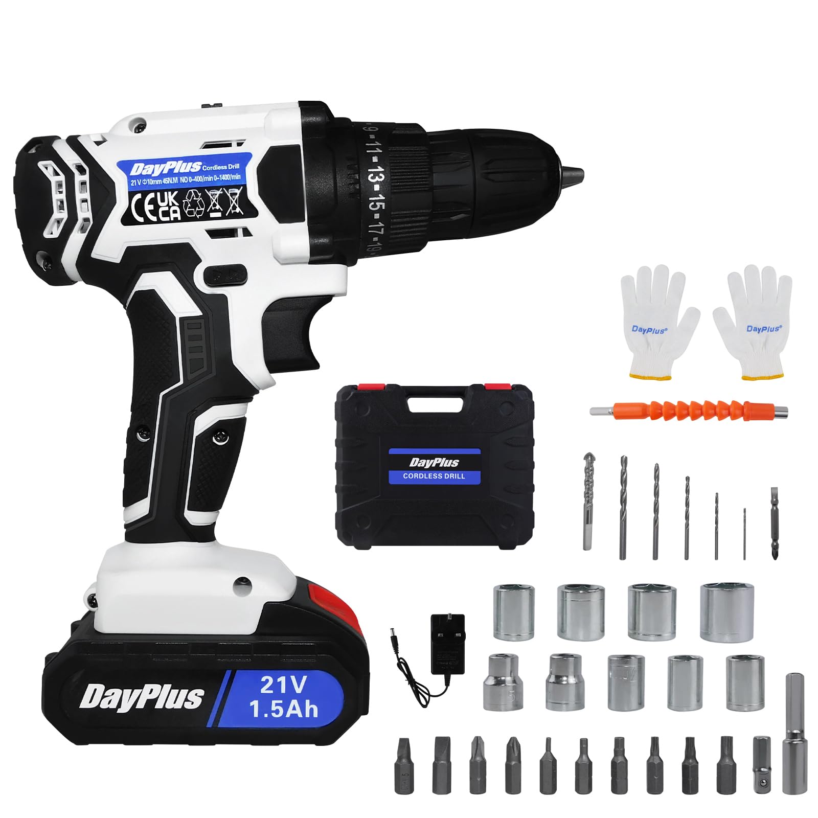 21V Cordless Drill Set with 1.5AH Lithium-ion Batteries & Fast Charger, Home Power Drill 3/8" Keyless Chuck, 400 in-lb Torque, 2 Speed, 25+1 Torque Setting, 29pcs Drill/Driver Bits, White