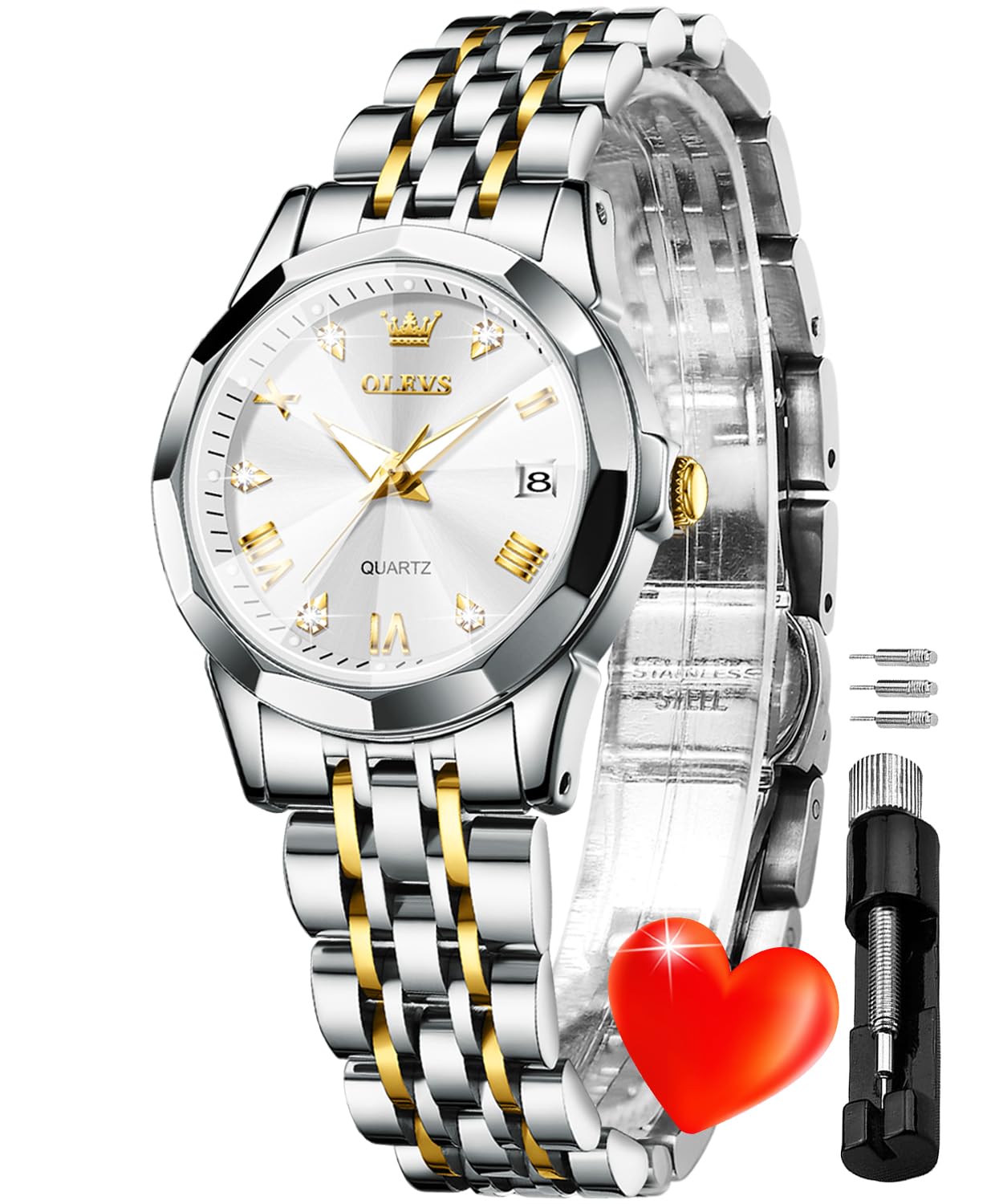 OLEVS Women Watch Silver Stainless Steel Two Tone Fashion Ladies Analog Quartz Waterproof Luminous Date Day Wrist Watches