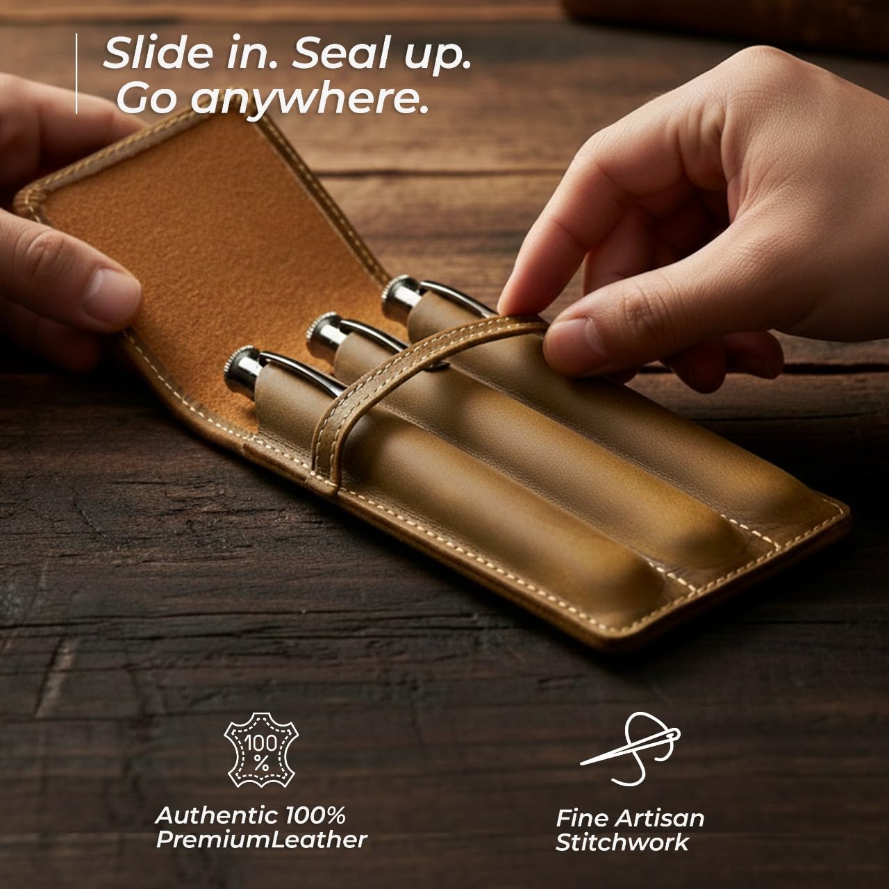 WANDERINGS Vintage Leather 3-Slot Pen Pouch Handcrafted Brown Pen Case Individual Leather Pen Sleeves for Fountain Pens, Rollers & Ballpoints Pen Holder for Men and Women 3.4"6"0.8 - Image 3