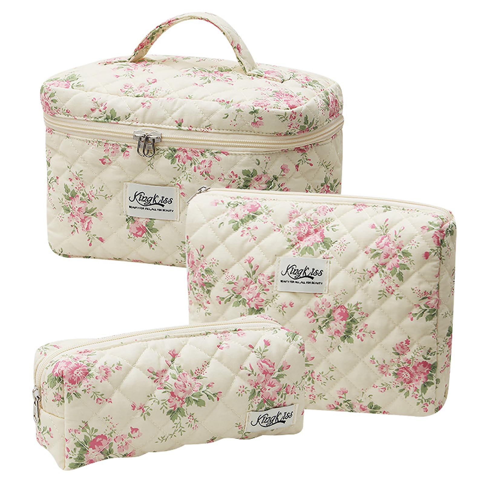 Quilted Floral Makeup Bag 3PCS, Cute Cotton Coquette Aesthetic Travel Toiletry Bag, Zipper Cosmetic Pouch, Daily Travel Use Skincare Bag, Large