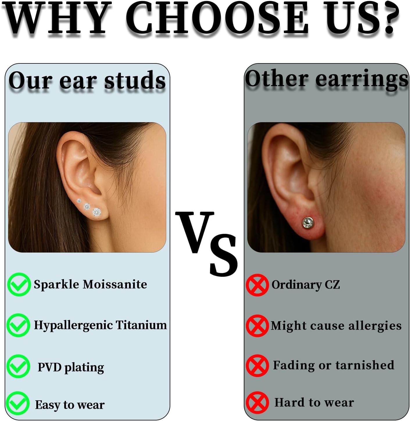 Moissanite Stud Earrings in 14K White Gold Plated Titanium | HypoAllergenic Earrings for Women & Men