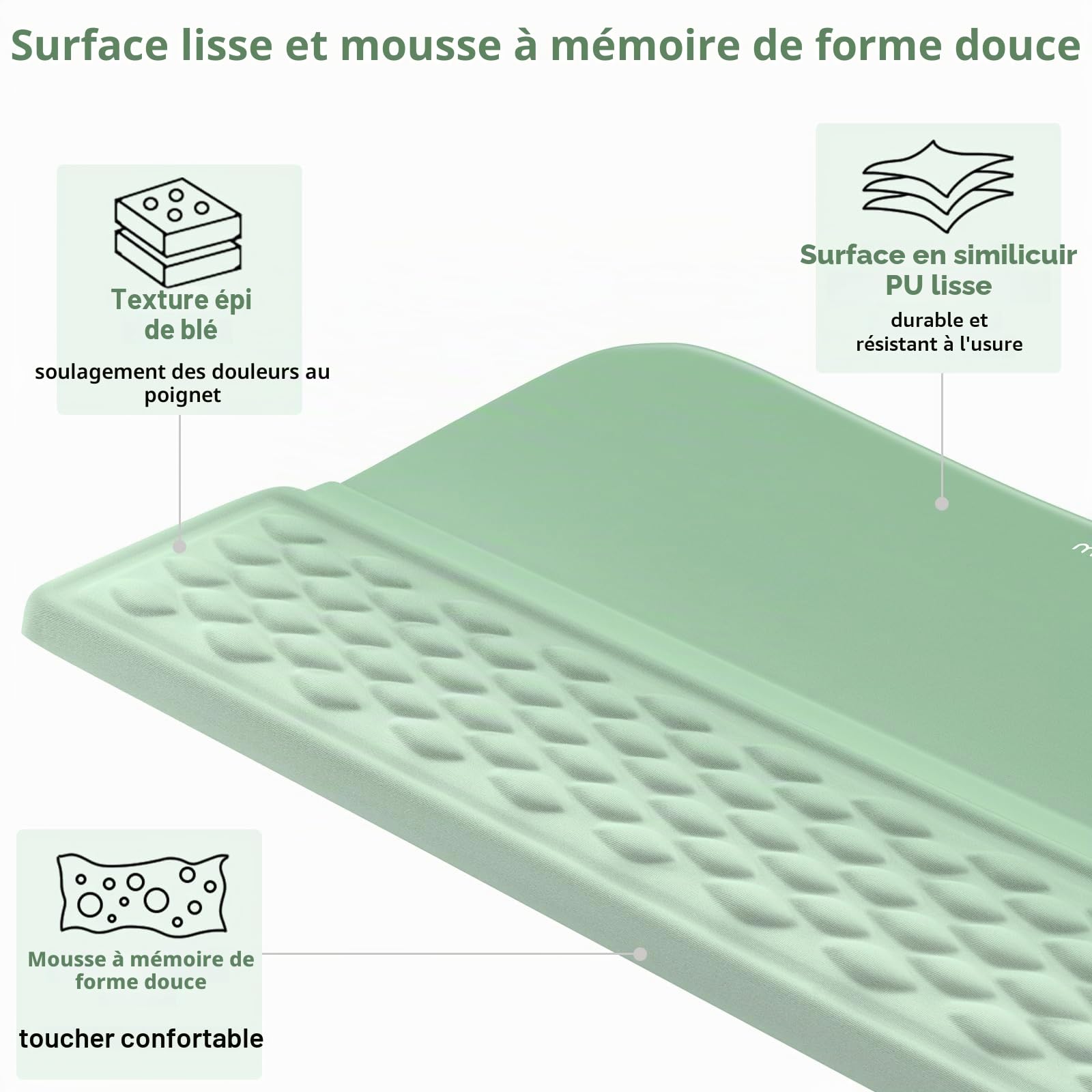 MOSISO Support Clavier avec Repose-Poignets, Ergonomique avec Base Antidérapante Repose-poignet, Anti-Douleur & Facile à Taper, Mousse à Mémoire Massage, Pour Maison & Bureau,Menthe Verte