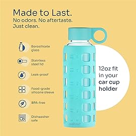 purifyou 40oz / 32oz / 22oz / 12oz Borosilicate Glass Water Bottle with Time & Volume Markers, Silicone Sleeve, Stainless Steel Lid | Reusable Glass Bottle for Water & Juice (12oz Aqua Blue)