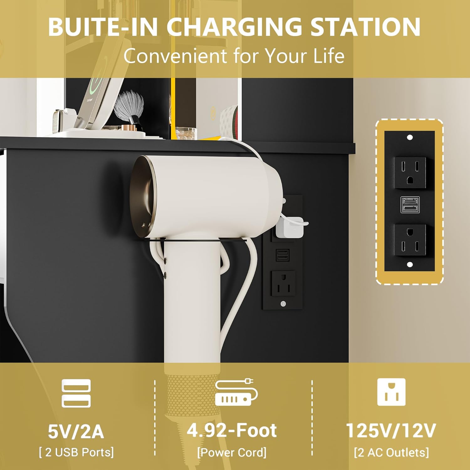 Vanity Desk with LED Lights Mirror & Power Outlet, Small Makeup Vanity Table Set with Storage Drawers & Chair, 3 Lighting Modes & Adjustable Brightness, Dressing Table for Women Girls Bedroom, Black