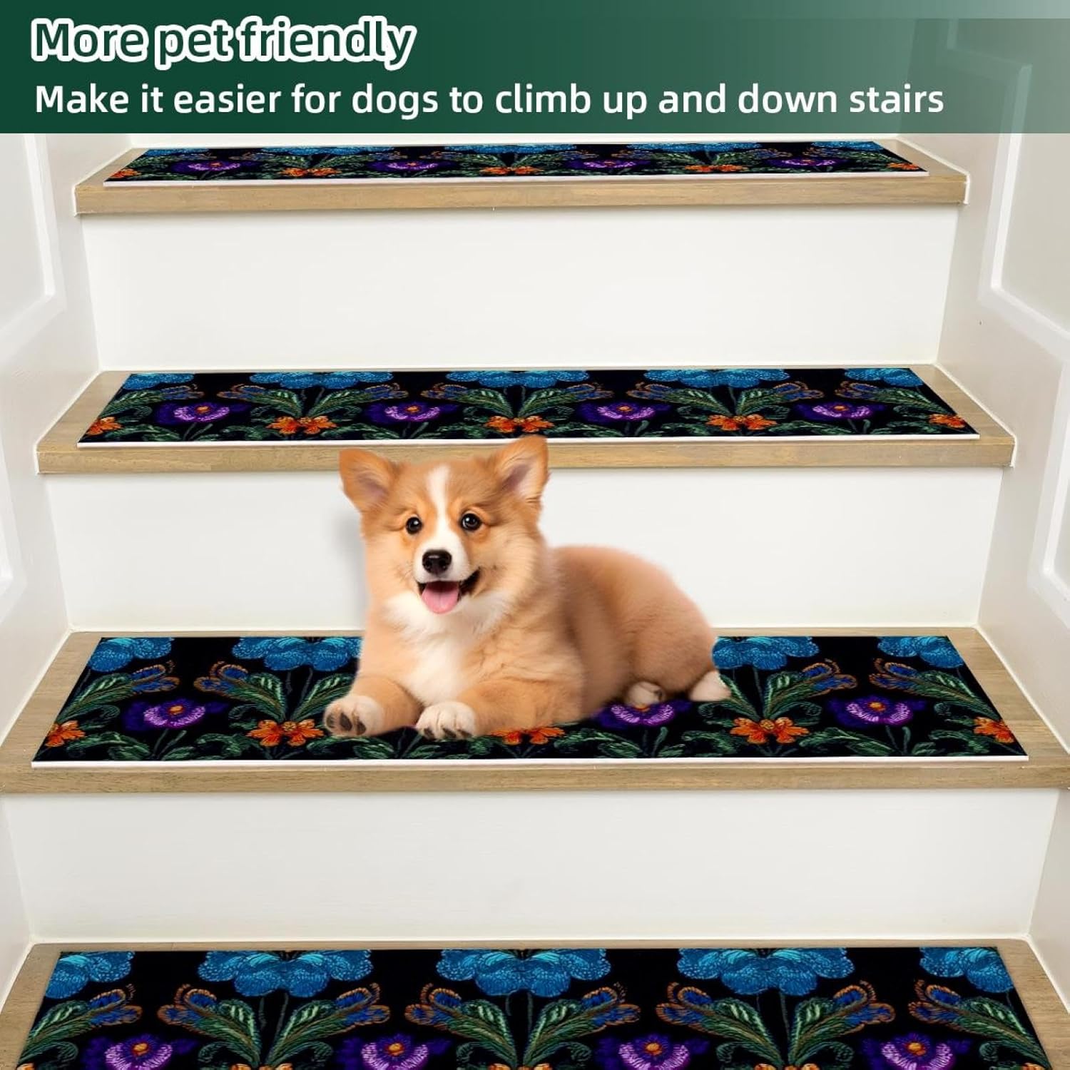15 Pack Stair Treads for Wooden Steps, Motifs African Boho Paisley Floral (44) Staircase Step Treads Carpet Mat, Stair Mats for Pets Dogs Elders 8x30In