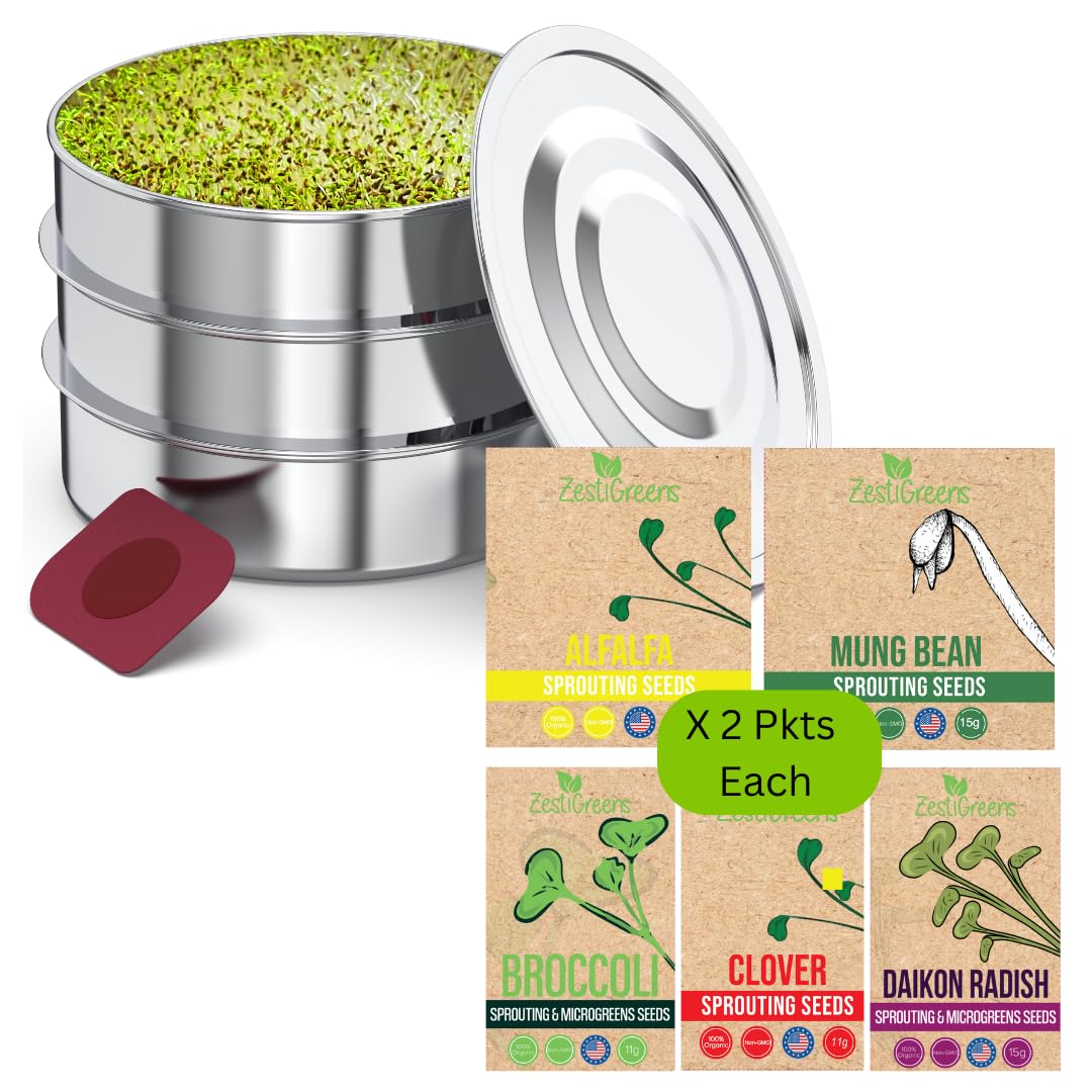 ZESTIGREENSStainless Steel Seed Sprouter Kit Alfalfa, Mung Bean, Broccoli, Clover, Daikon Radish Sprouting Seeds, 100% Organic, Non-GMO, Made in USA