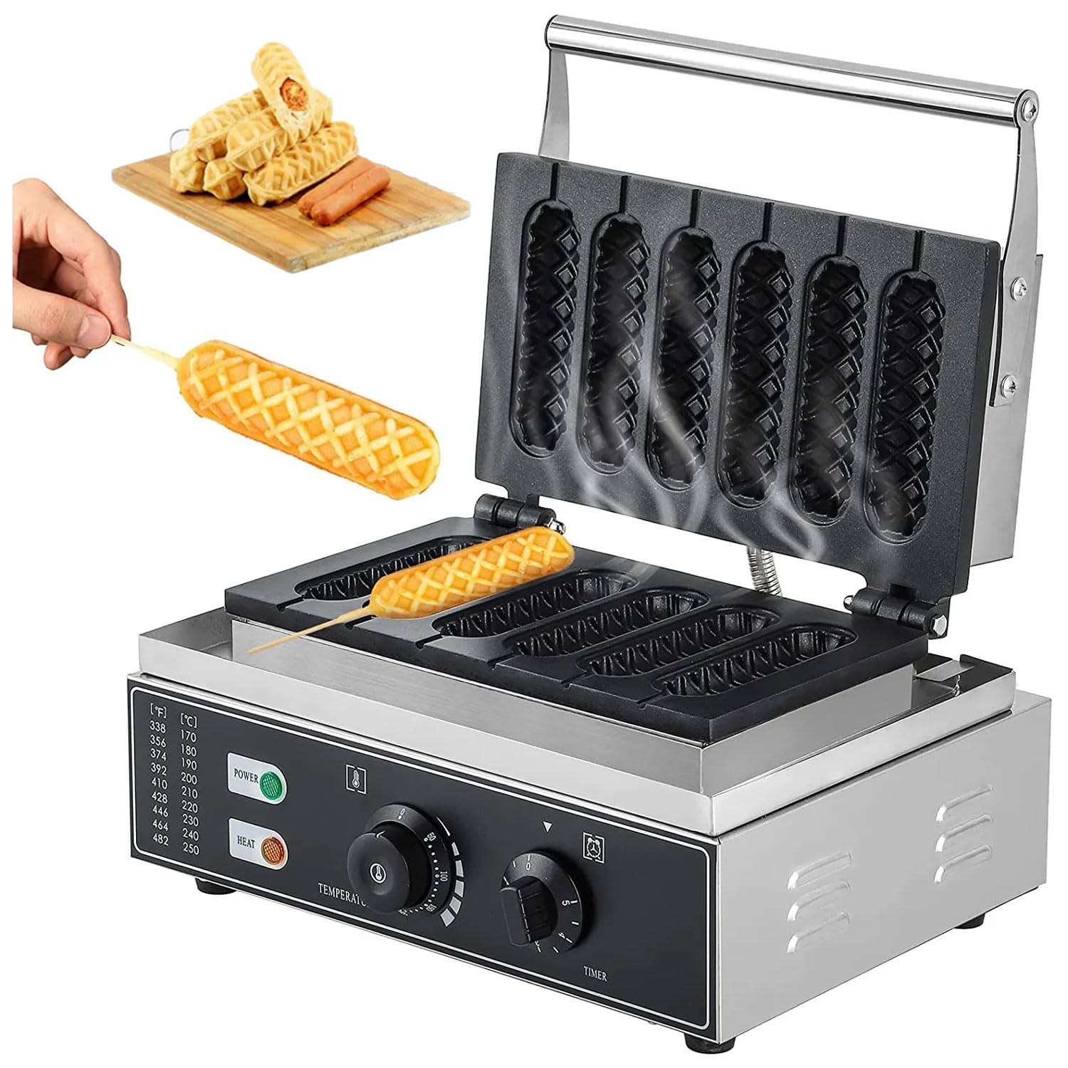 Kommerzieller 6-teiliger Hot-Dog-Wursthersteller, 1550 W, Antihaftbeschichtung, Elektrische Waffelmaschine, 50–300 °C Einstellbare Corn-Dog-Maschine Mit Timer, Hausparty, Snackbar, Dessertladen