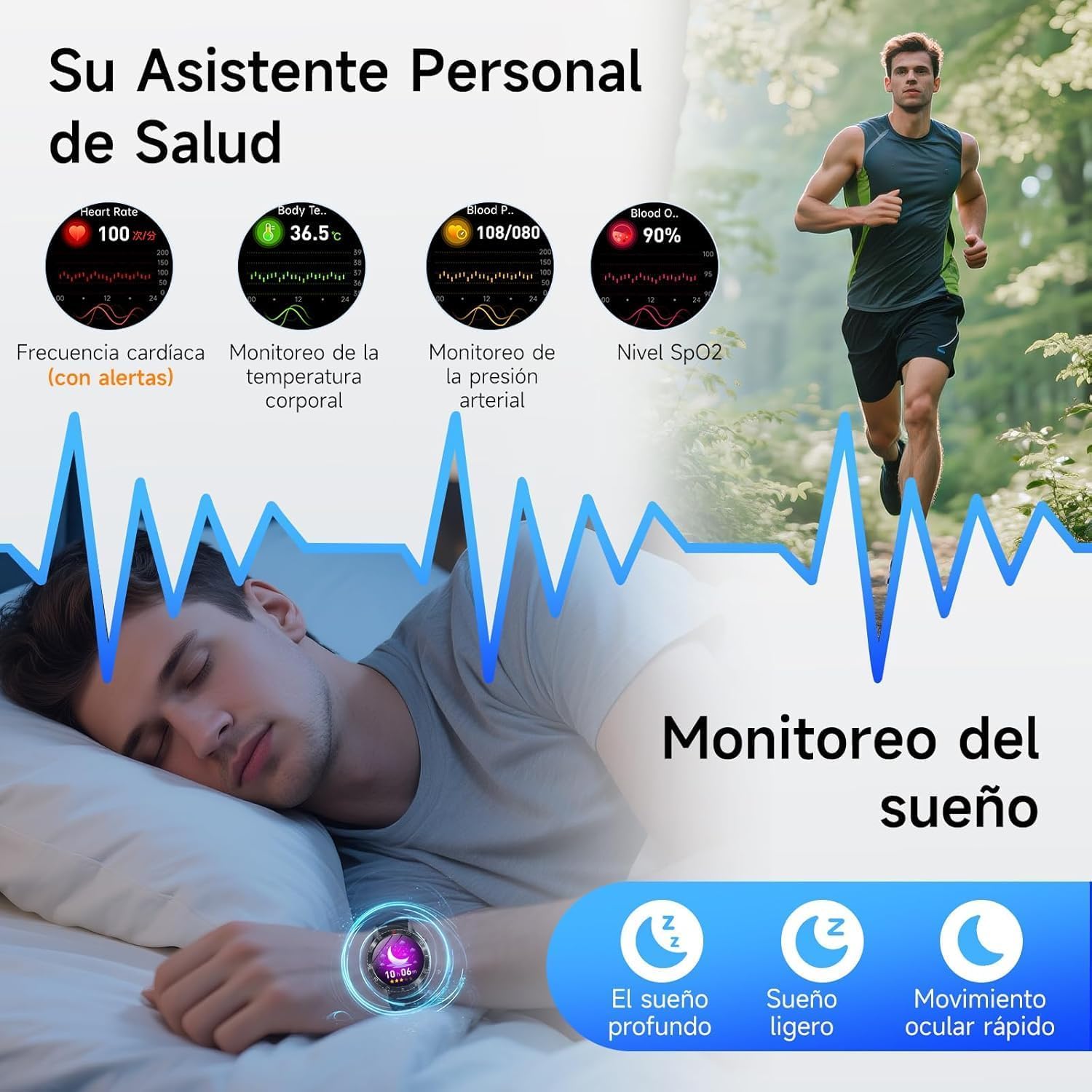 ECG Reloj Inteligente Hombre con Presión Arterial, 1.43"Smartwatch (Negro) | Frecuencia Cardíaca Spo2 Sueño Fitness Pulsera con BMI/Fatiga/Emociones para Android iOS