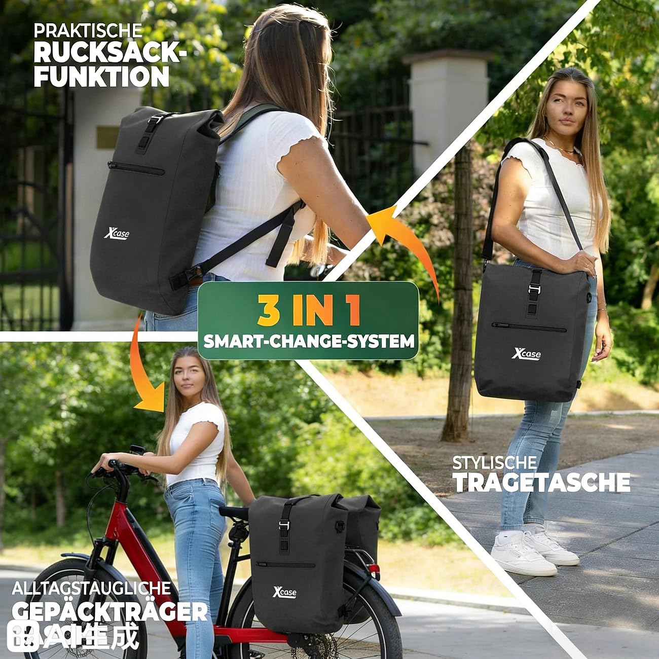 Xcase Gepäcktaschen: 2er-Set 3in1-Fahrradtaschen für Gepäckträger, wasserdicht, PVC-frei (Fahrradtasche klick-Systeme, Fahrrad Schultertaschen)